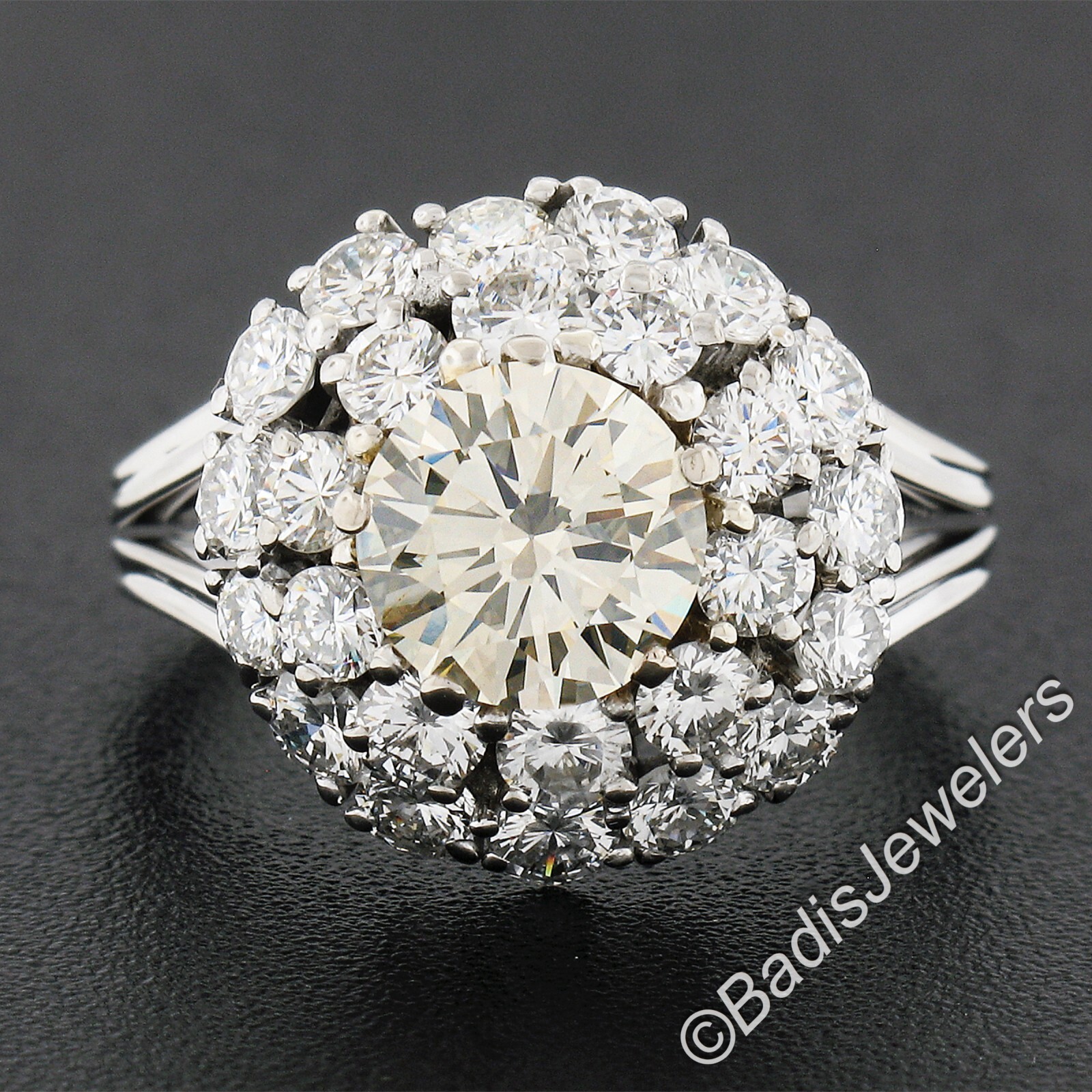 Vintage 18k Gold Light Yellow & White Diamond Double Tiered Halo Cluster Ring