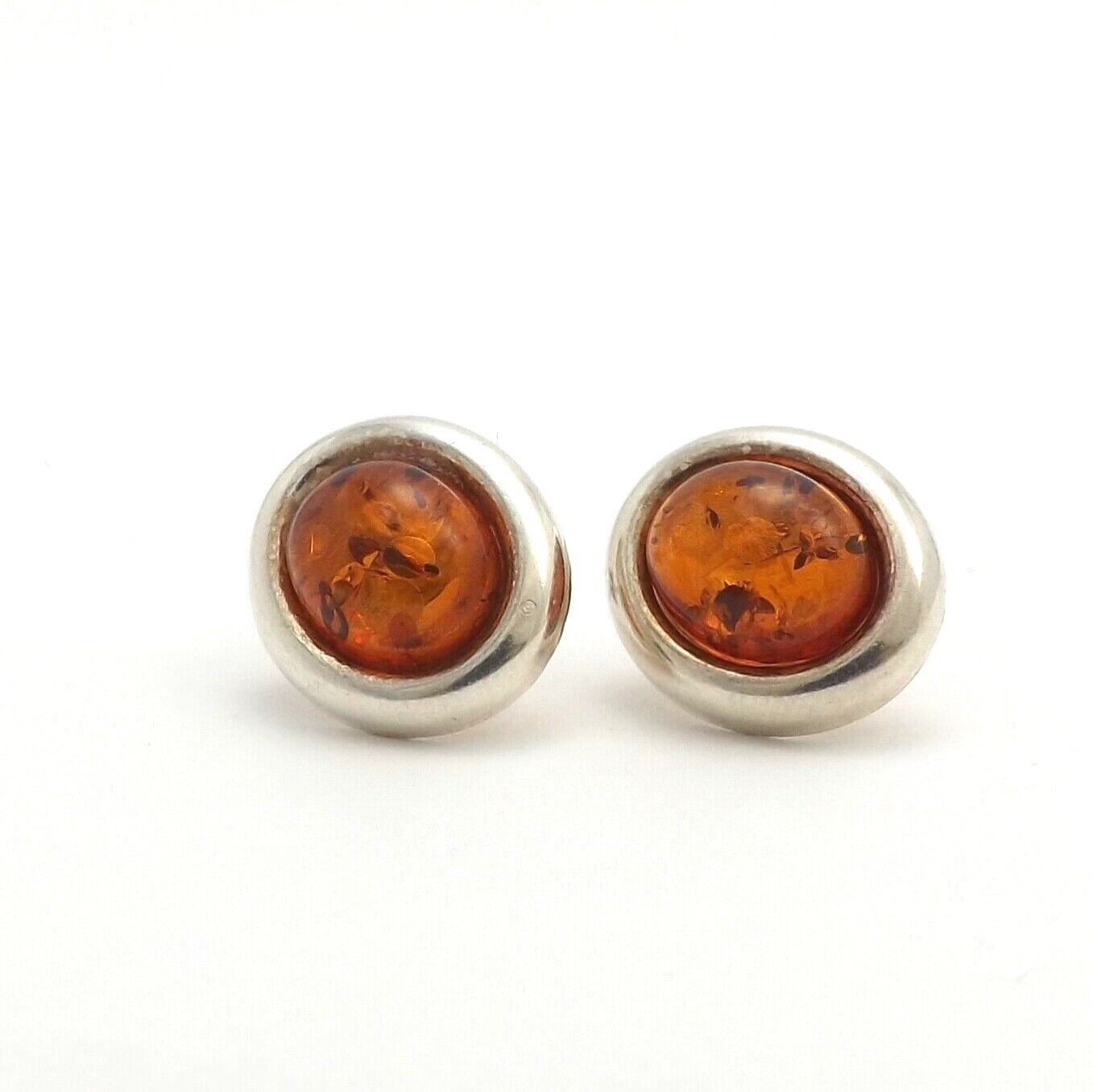Vintage Sterling Silver Bezel Set Genuine Amber Stud Button Earrings