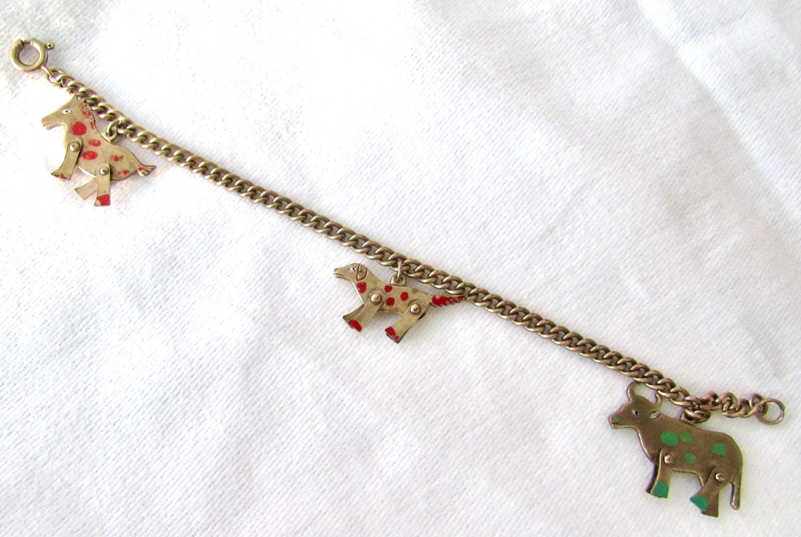 Vintage Czechoslovakia Articulated Animal Charm Bracelet PAT Enamel Farm Animals