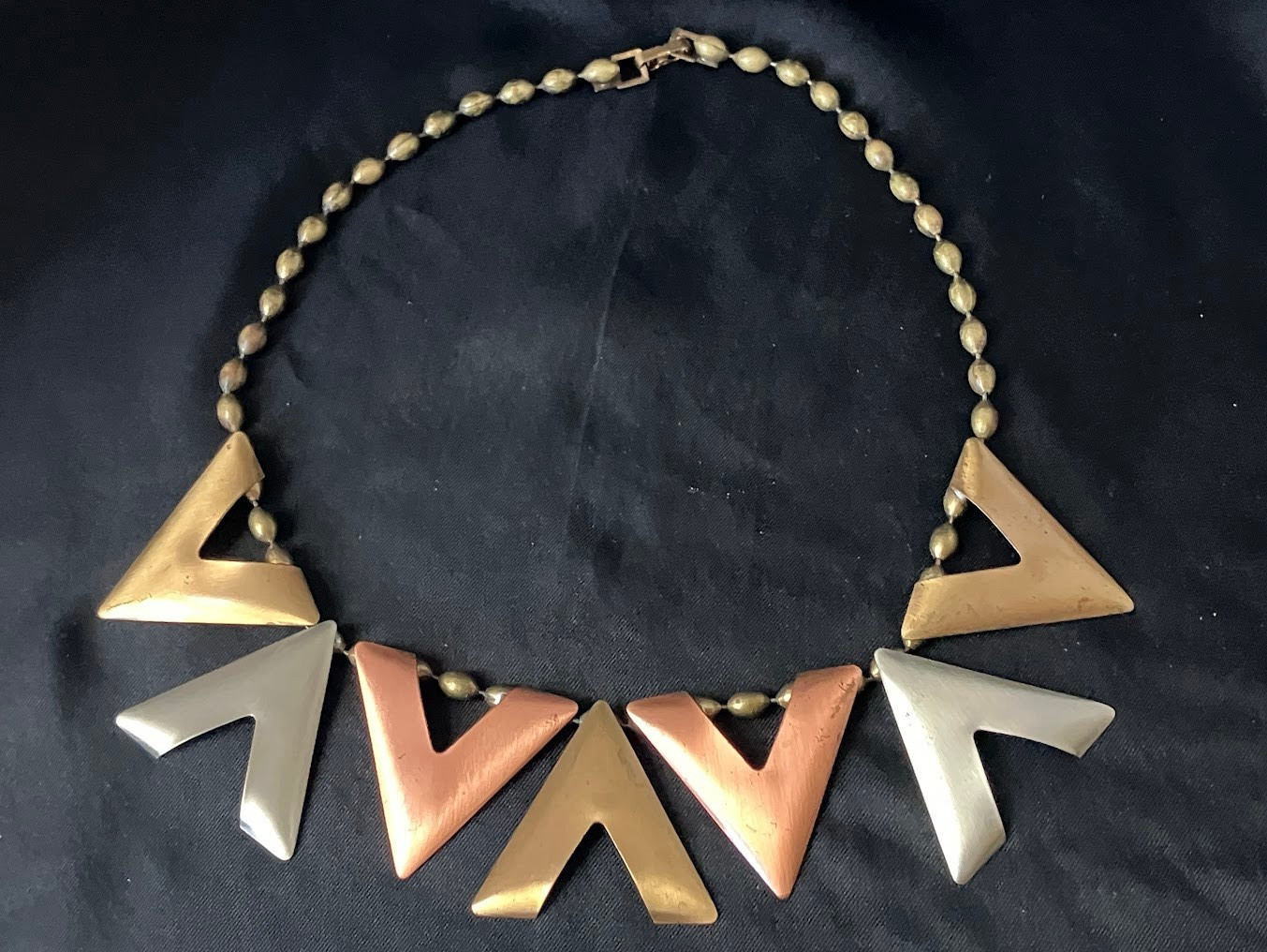 Vintage Mixed Metal Triangle Necklace Bold Modernist Geometric Chevron
