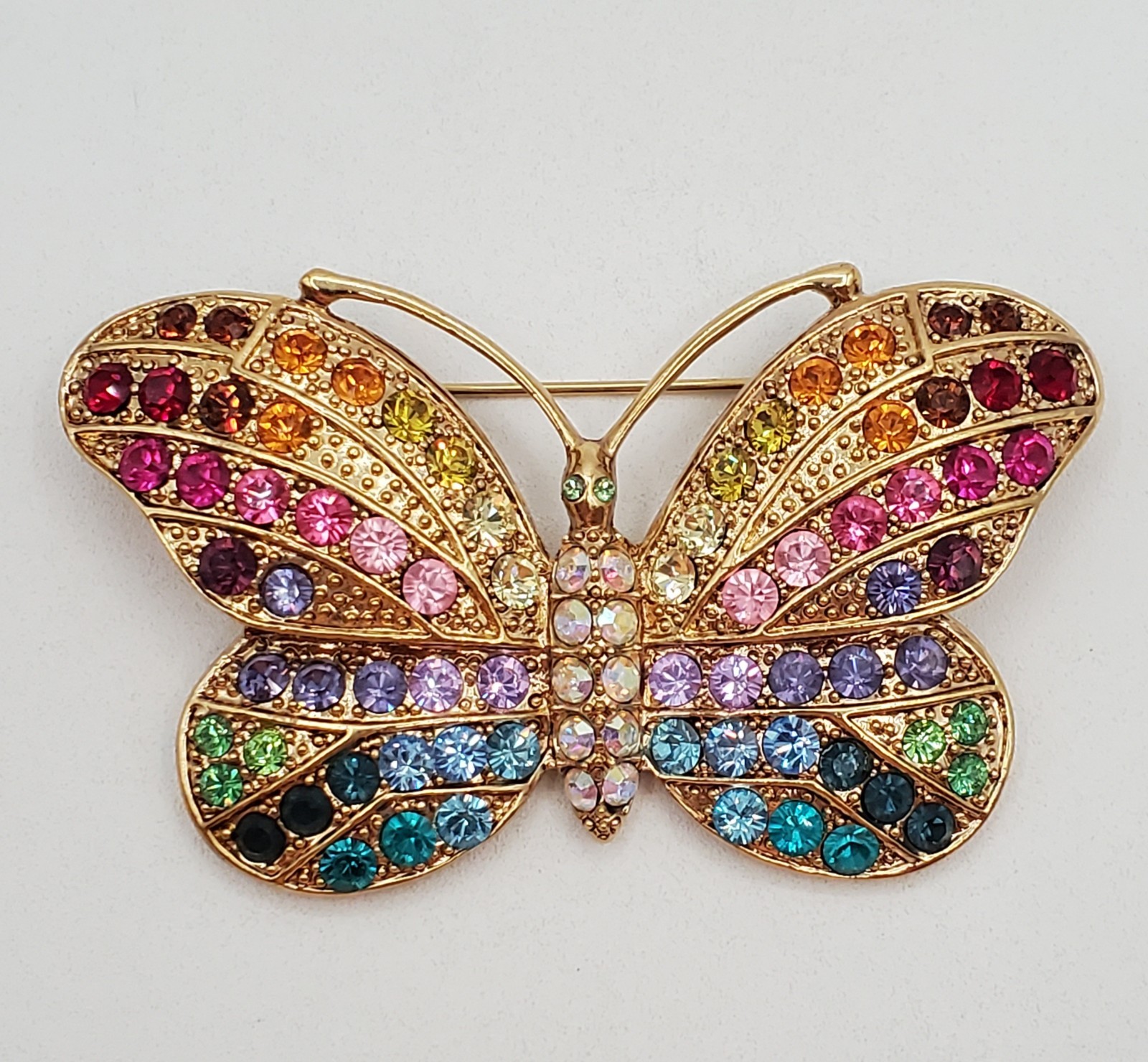 Kirks Folly Butterfly Brooch 3in Gold Tone Rainbow Crystal AB Colorful Estate
