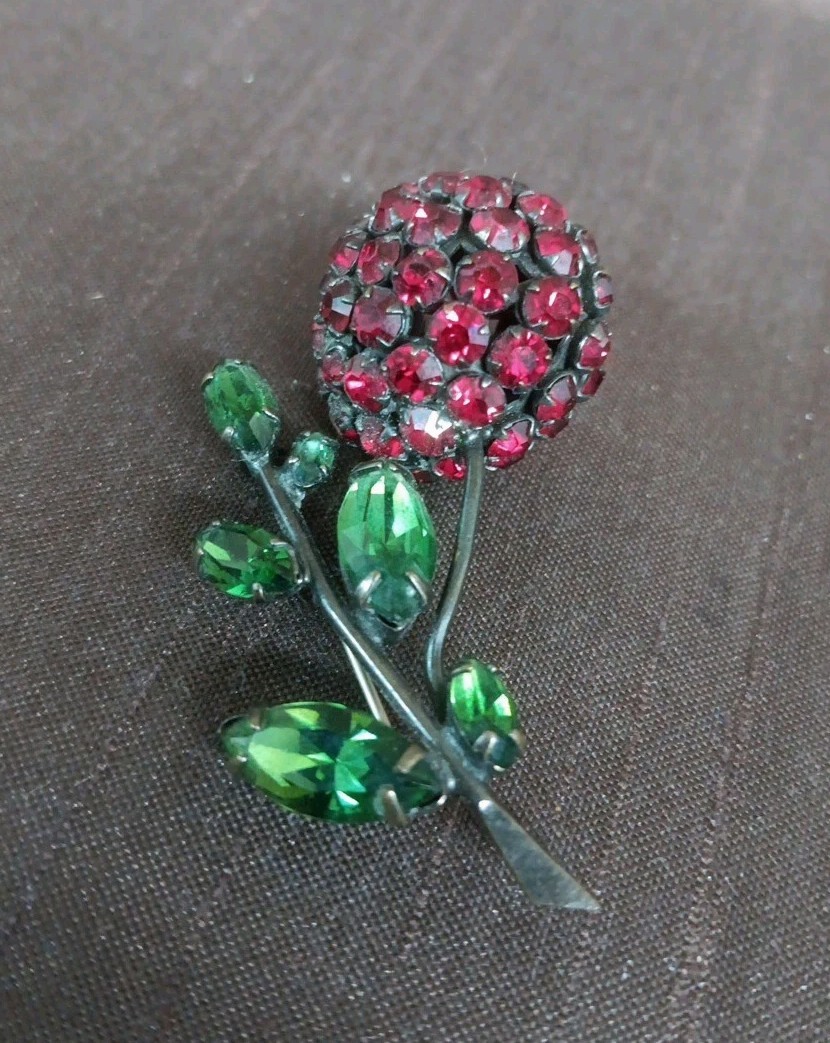 Signed SCHREINER Vintage Red and Green Rhinestone Cherry Brooch Pin Jewelry