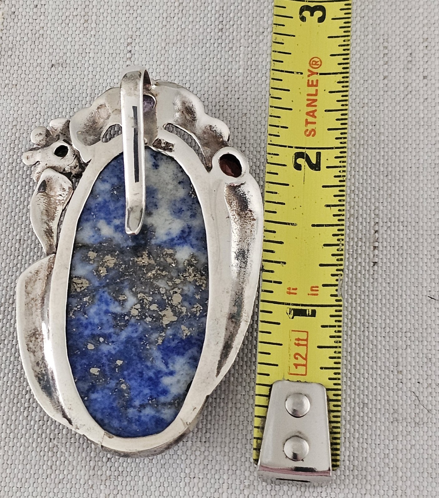 Vtg Sterling Silver 925 Large 2.5″ Ornate Lapis Lazuli Pendant Clip Signed 30g