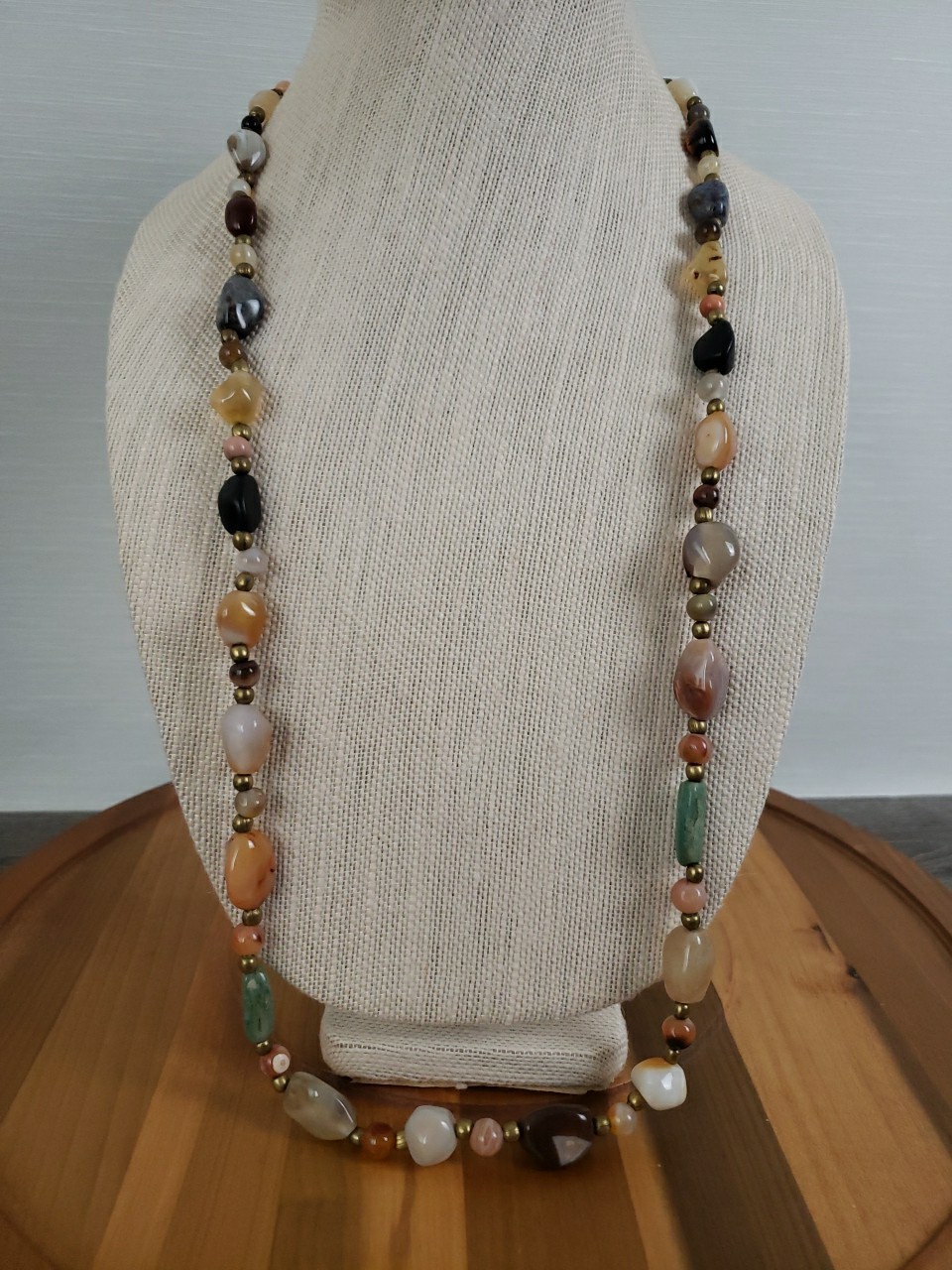 VTG Multi Polished Gemstone Agate Necklace 35″ Brass Barrel Closure Chunky