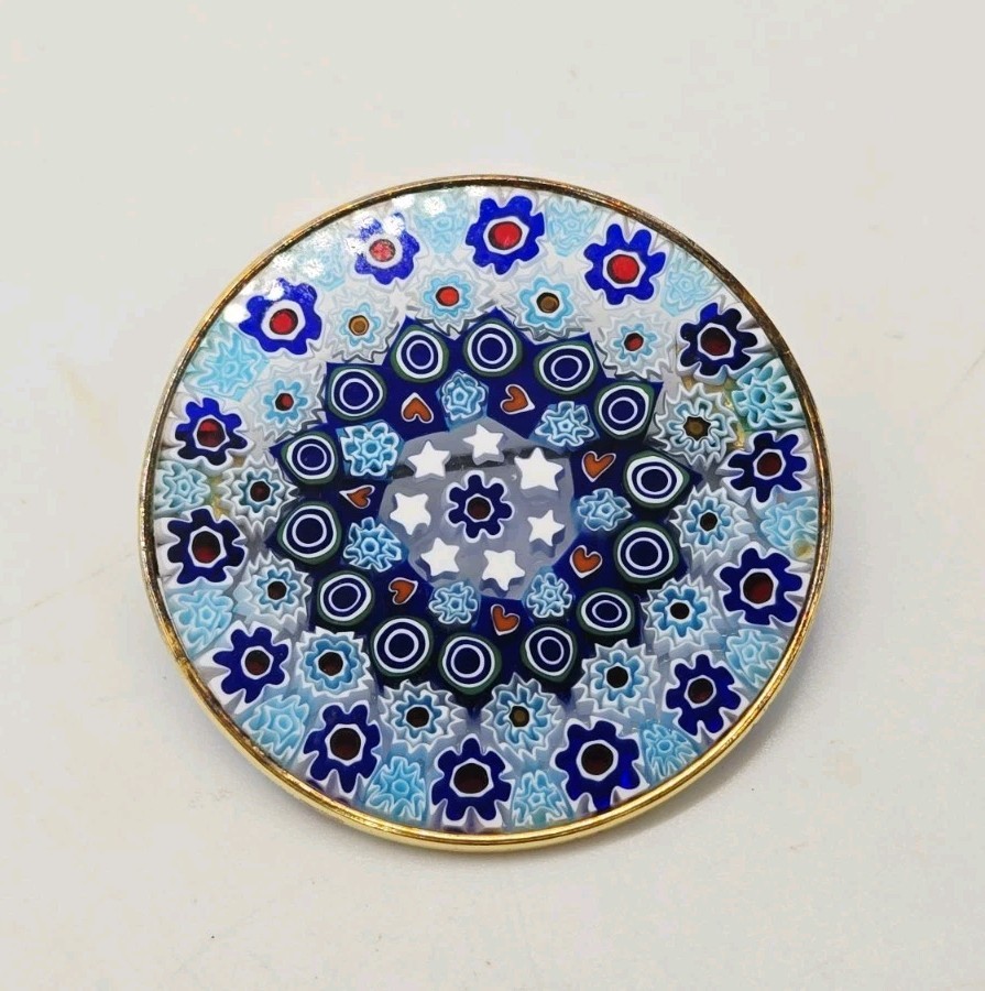 Millefiori Glass Brooch Pin Silver Venetian Murano Italy Vintage Blue 1.5 in