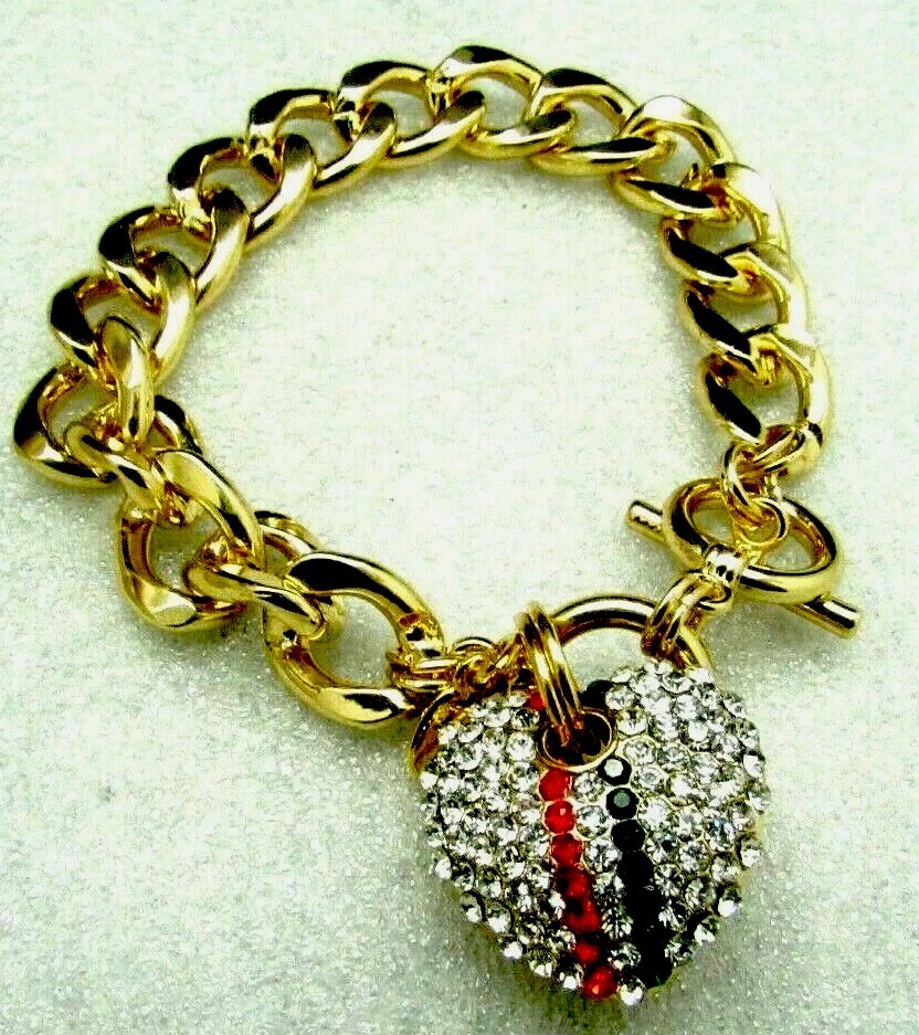 JOAN RIVERS SWARVOSKI CRYSTAL PATRIOTIC HEART GOLD TONE TOGGLE BRACELET NIB