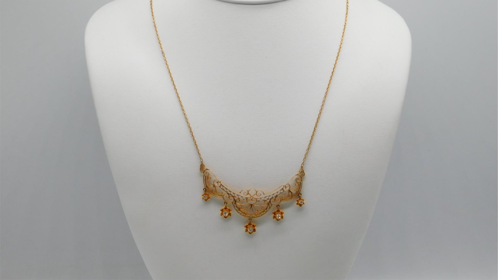 VICTORIAN 10K YELLOW GOLD FILIGREE DIAMOND STONE BUTTERCUP FESTOON NECKLACE