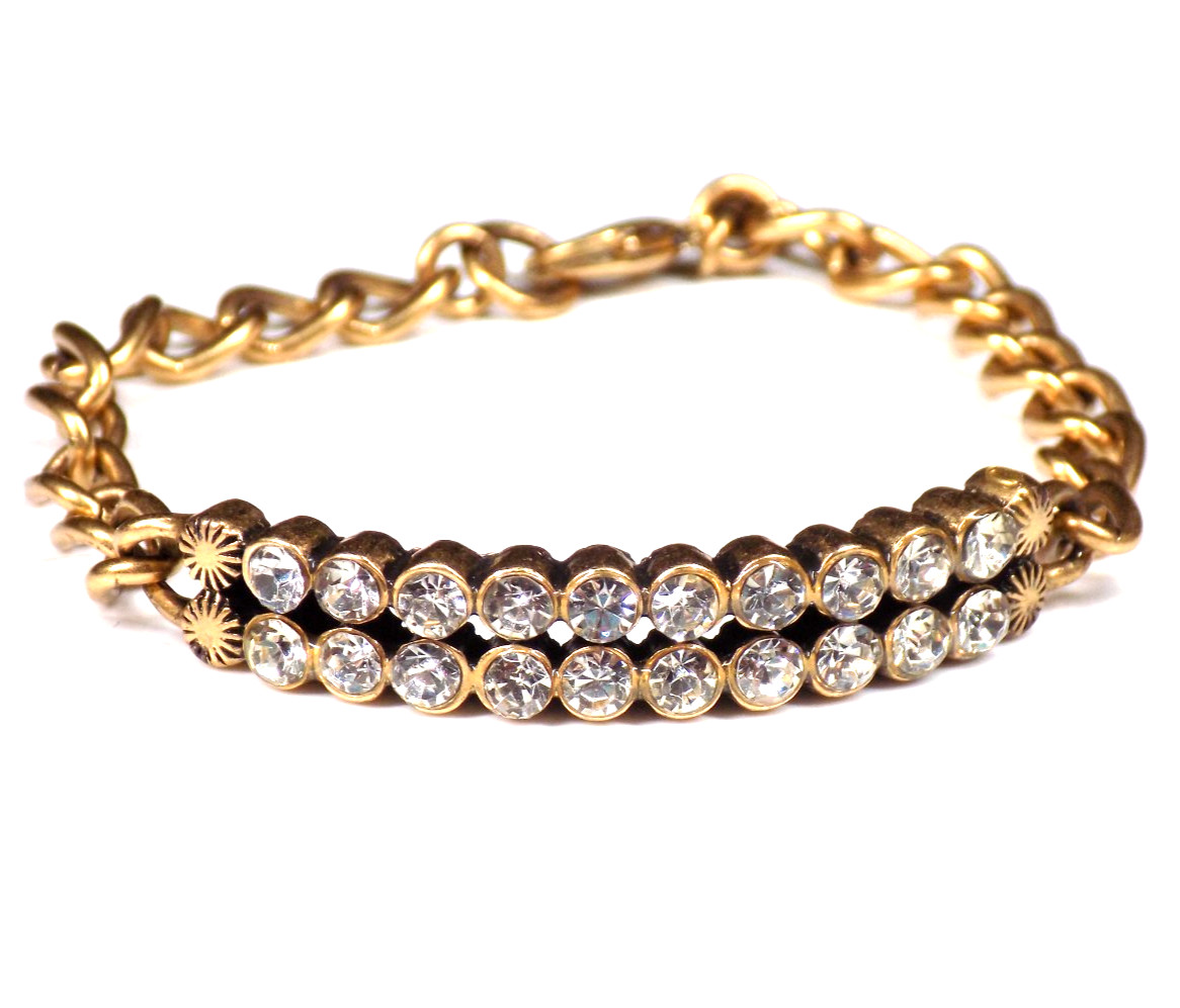 Vintage J Crew Bracelet Gold Tone Curved Bar White Colorless Rhinestones 6.5″