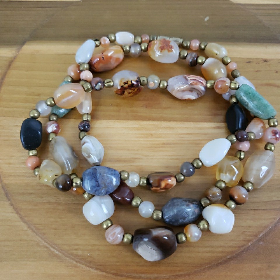 VTG Multi Polished Gemstone Agate Necklace 35″ Brass Barrel Closure Chunky