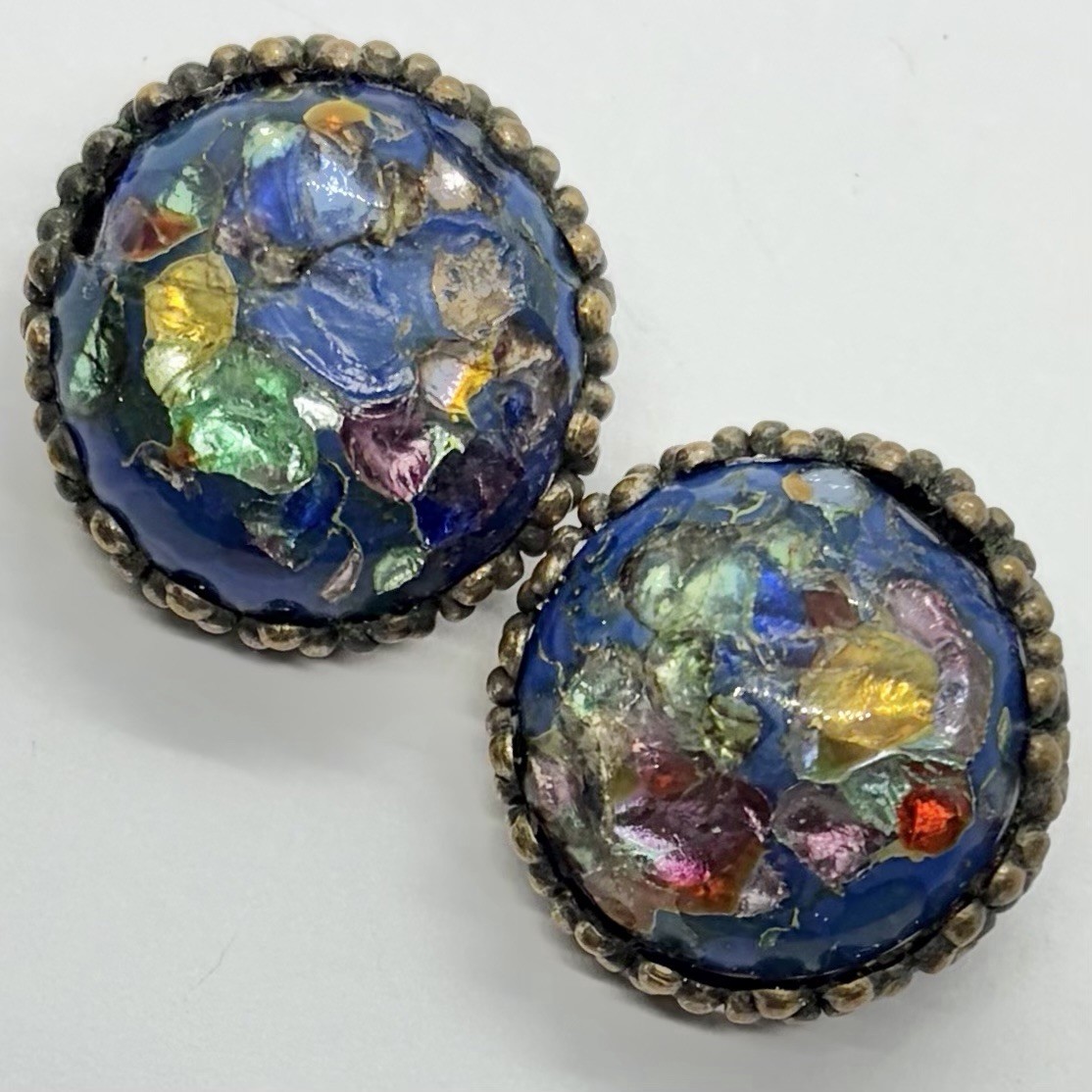 Vtg Old Confetti Glass Blue Foil Cabochon Brass Huggie Chunky Earrings Clip-on