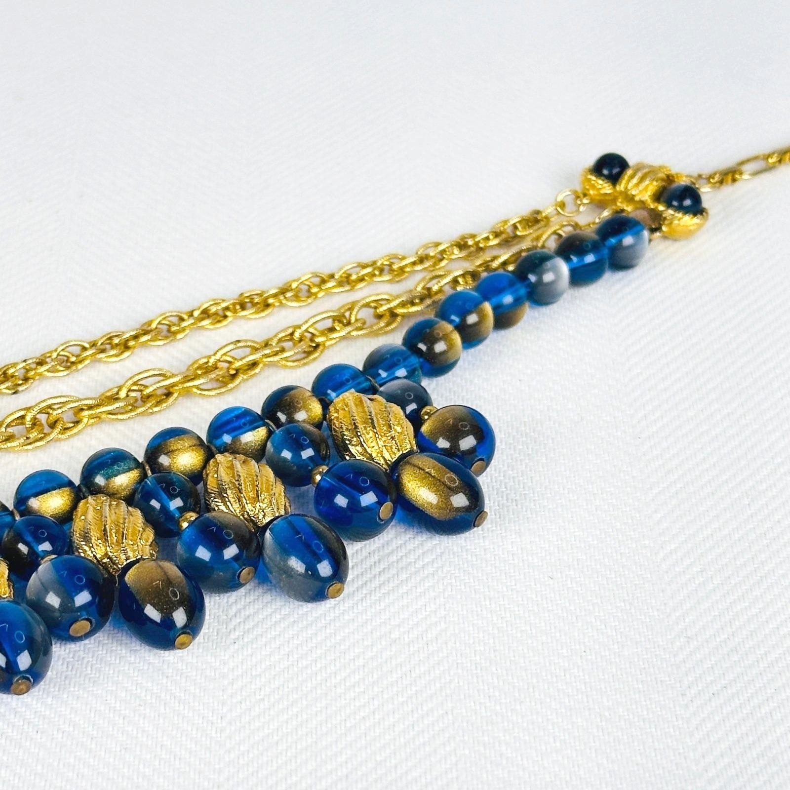 Vintage 1950s Kramer Blue Gold Tone Triple Strand Beaded Statement Necklace