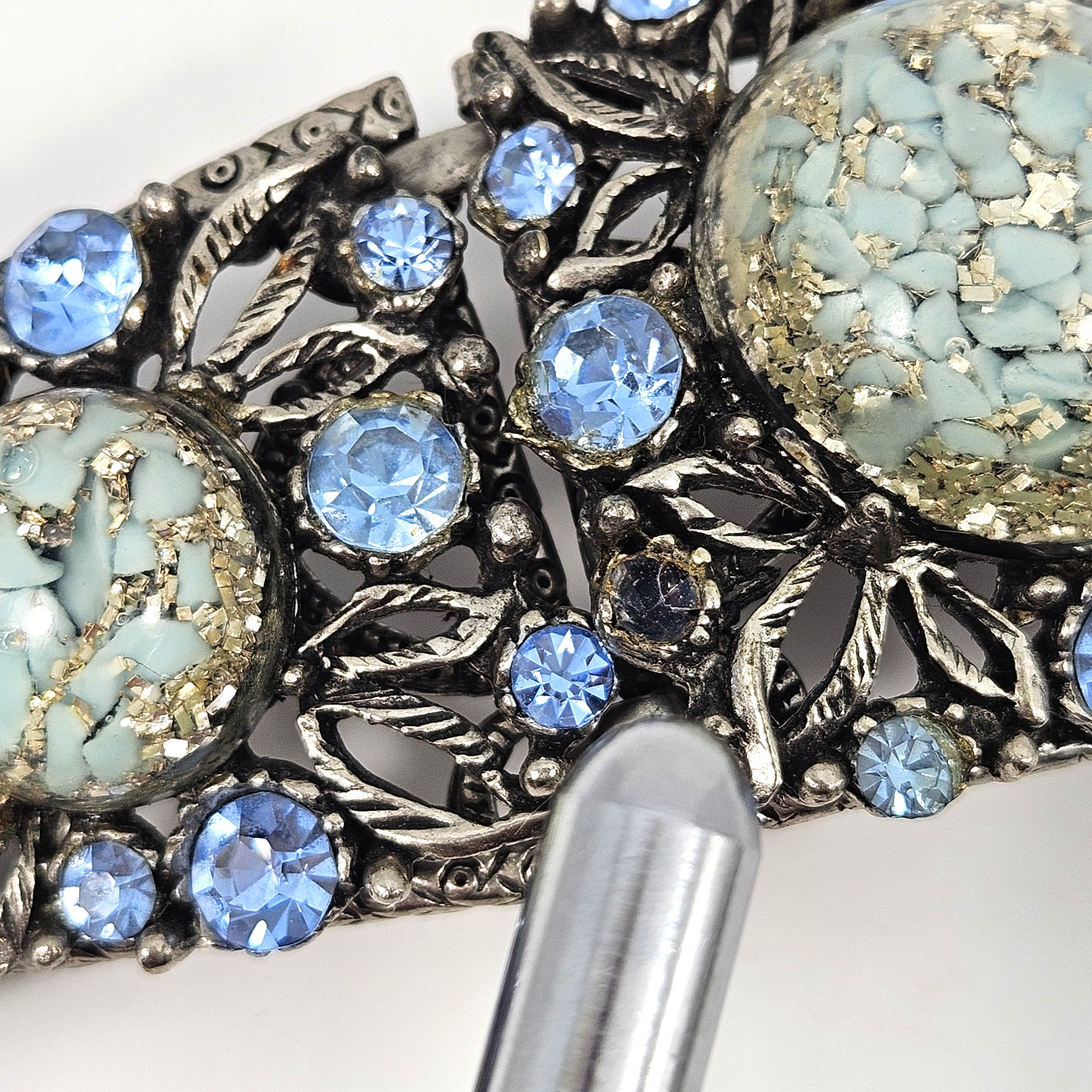 Vintage Blue Rhinestone Confetti Resin Cabochon Bracelet Earrings