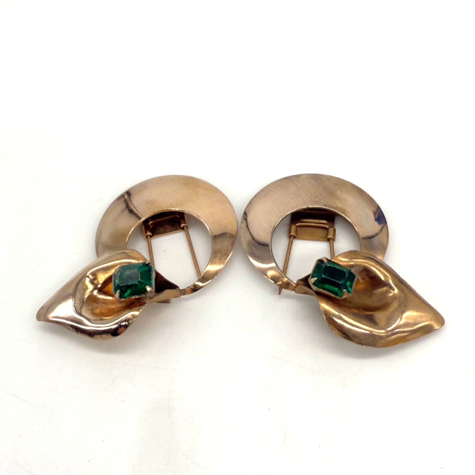 Vintage Set of 2 Fur Dress Clips Rose Gold Tone Green Acrylic Center Stones