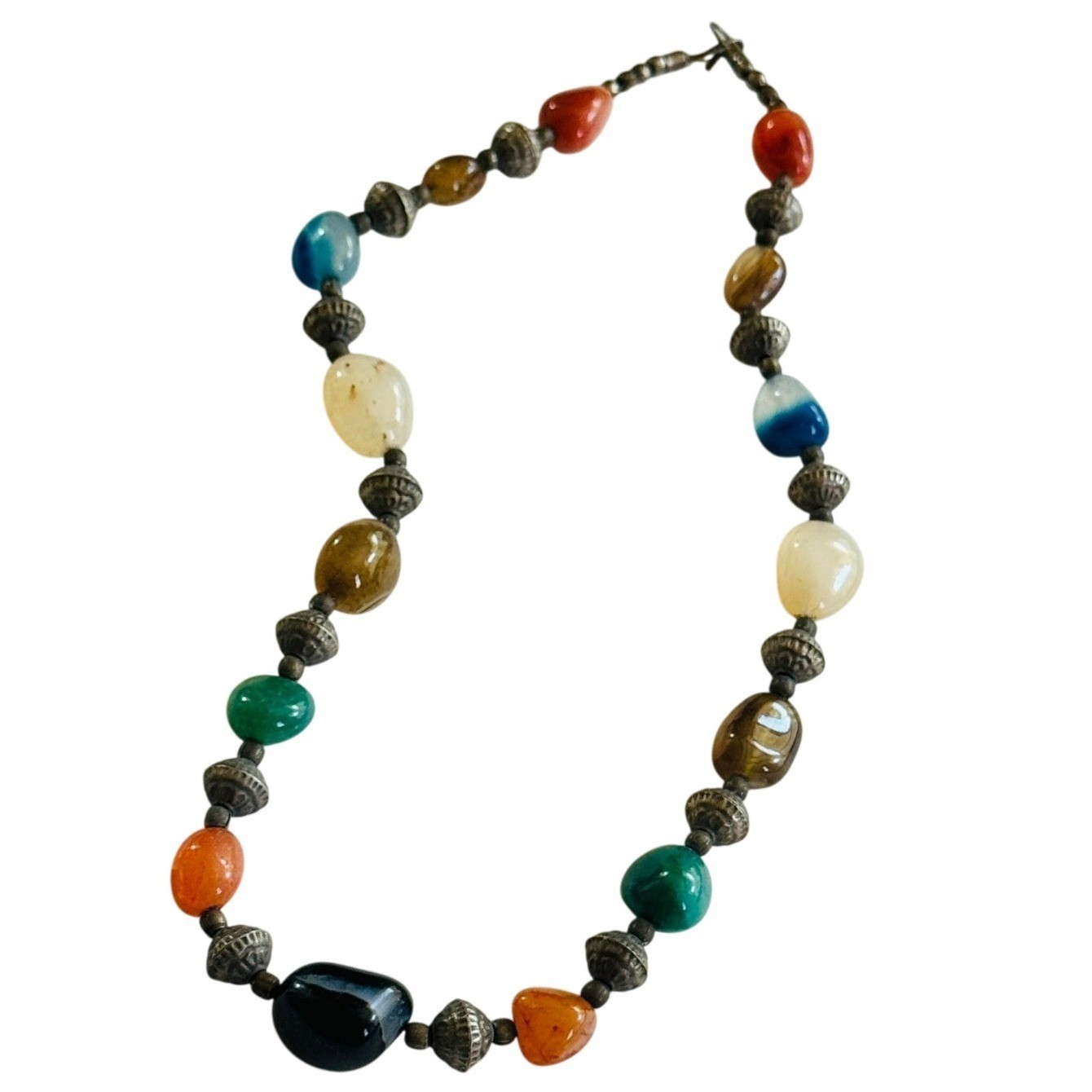 VTG 60s Beggars Beaded Gemstone Necklace Carnelian Agate Quartz Jade Beads 22″