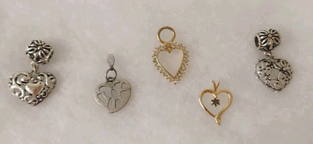 Vtg 2 Now Lot of Heart Pendants/Charms sum w Rhinestones Gold-tone/Silver-tone