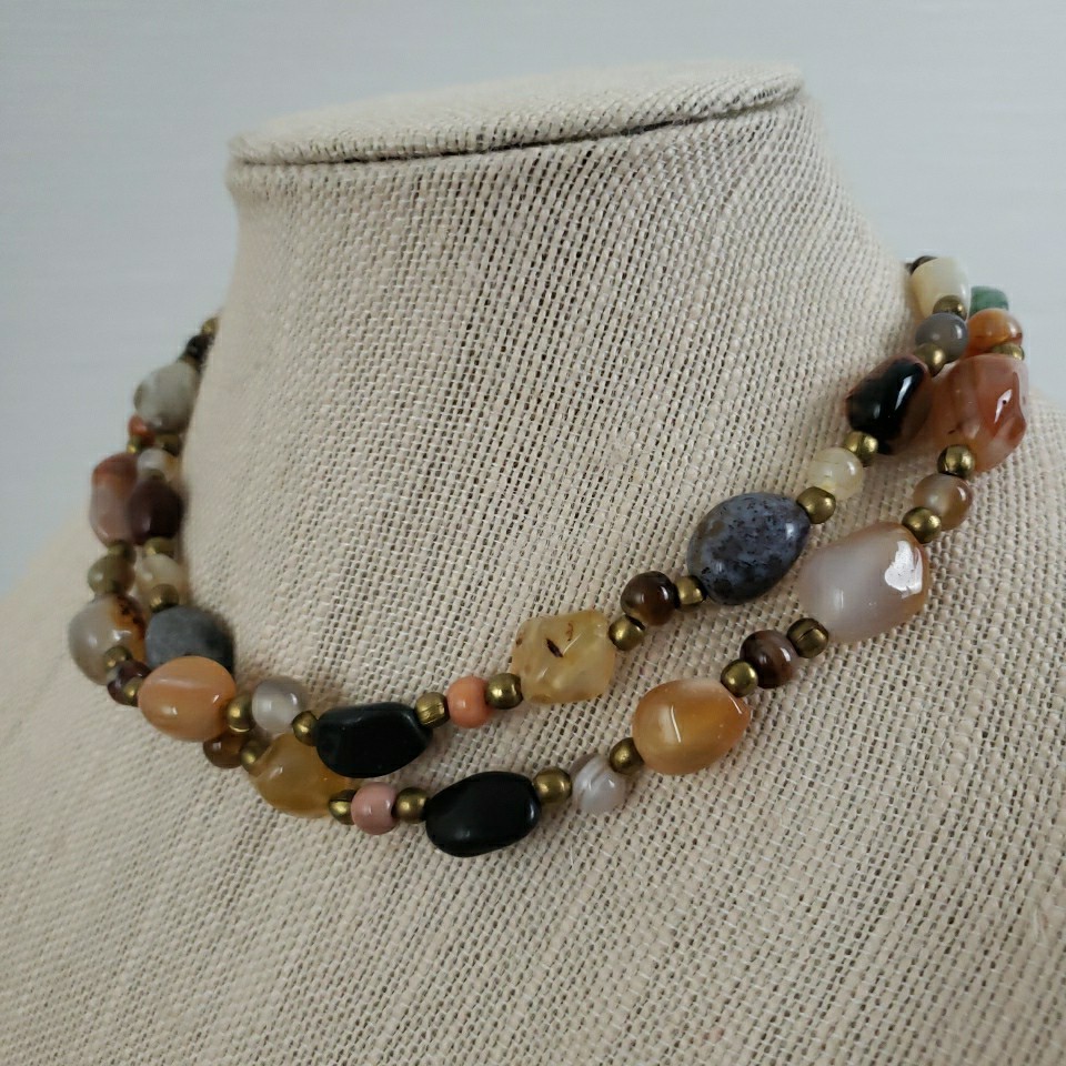 VTG Multi Polished Gemstone Agate Necklace 35″ Brass Barrel Closure Chunky