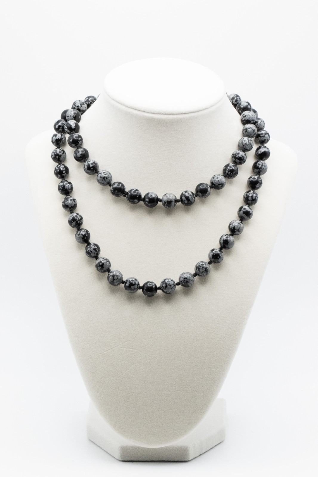 Vintage Snowflake Obsidian Bead Necklace Long Knotted Black Gray Stone Strand