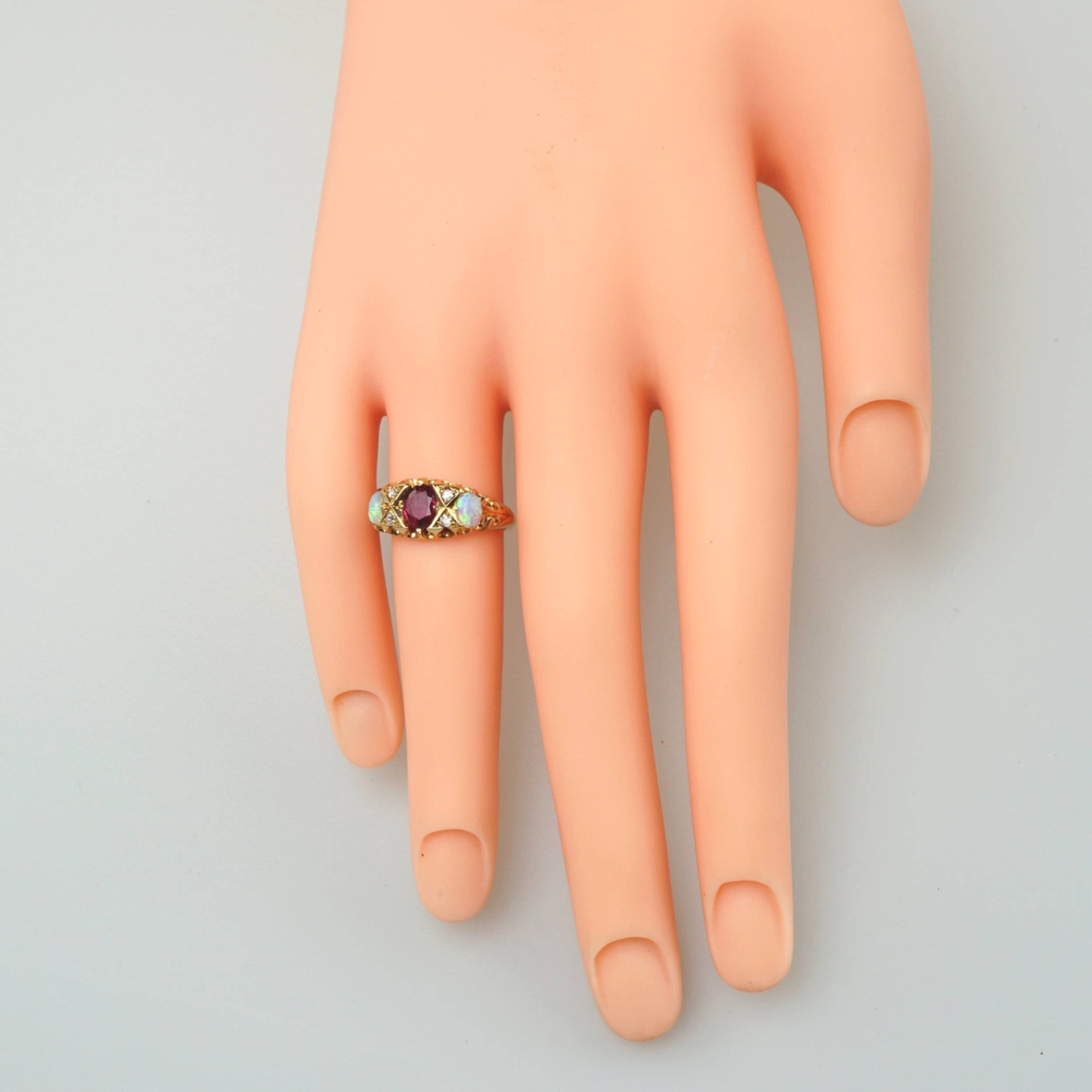 Vintage 18K Solid Gold Opal Diamond Ruby Ring, Made in England 1930, GIA Cert.