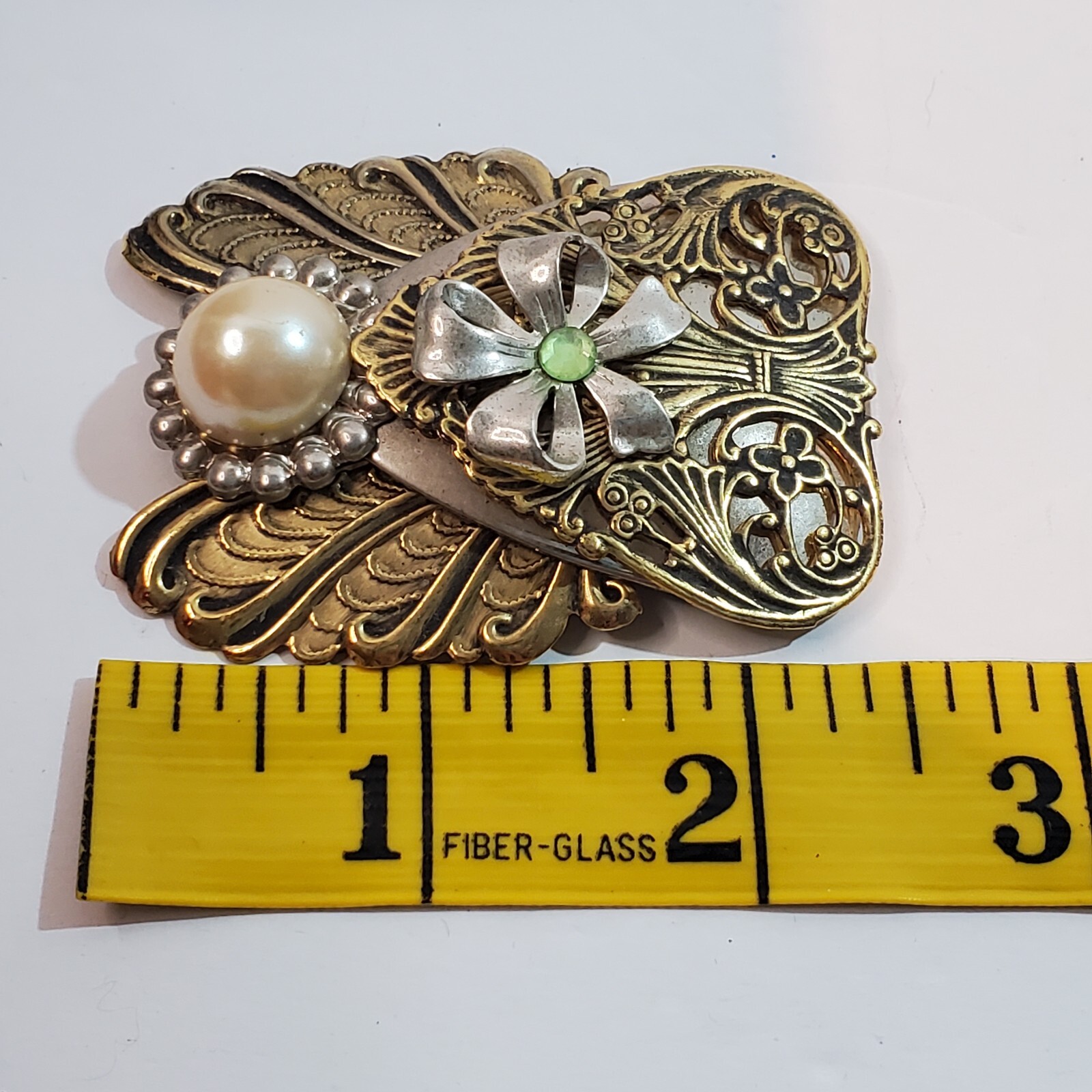 Vtg Jane Davis Angel Of Love Faux Pearl Rhinestone Ribbon Mixed Metal Brooch Pin