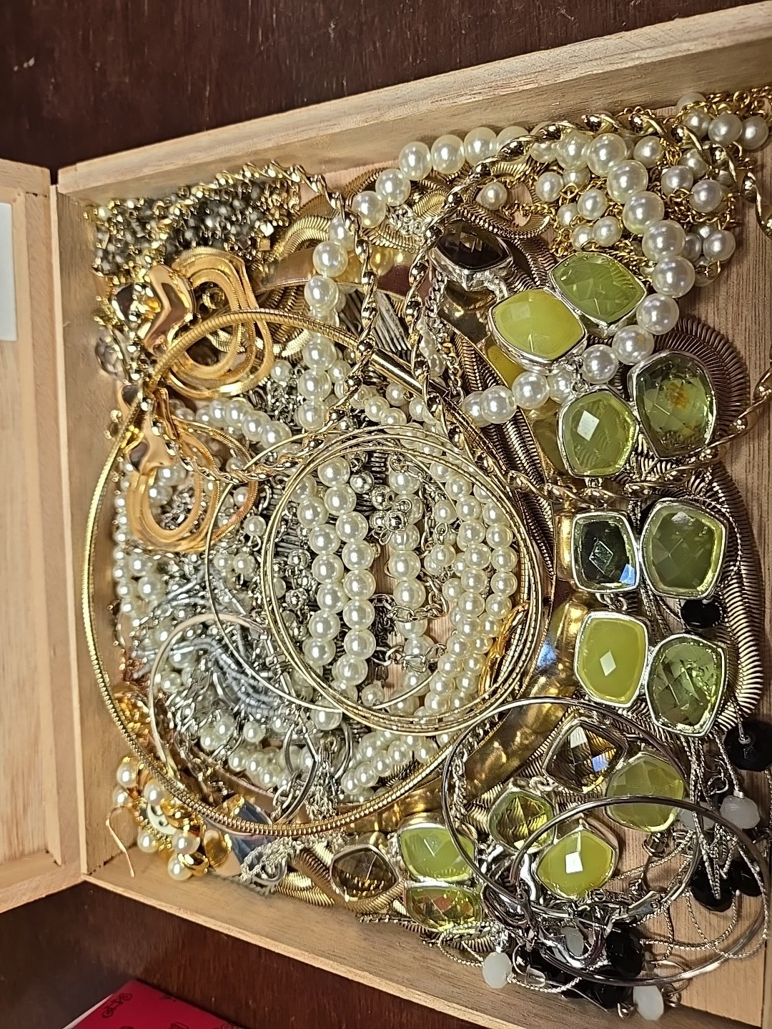 Beautiful Vintage Mystery Jewelry Lot In A Vintage Cigar Box.
