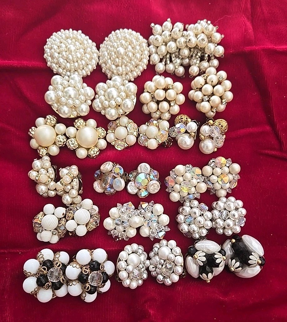 Vtg Fancy Cluster White Beaded Clip Earring Lot Hong Kong Japan