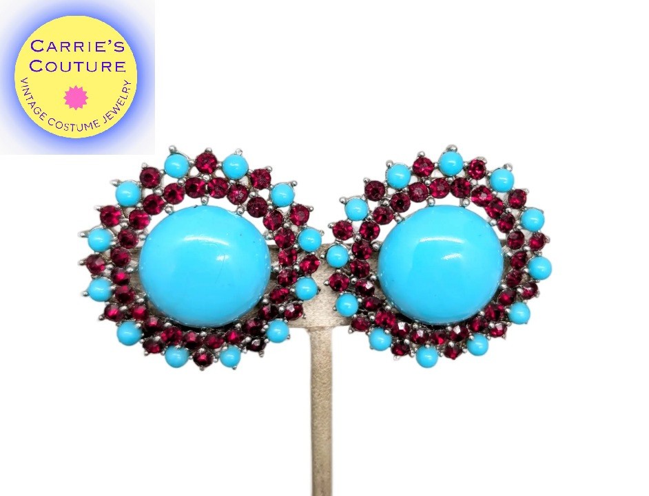 Vintage Signed Crown Trifari Cabochon Faux-Turquoise & Faux-Garnet Clip Earrings