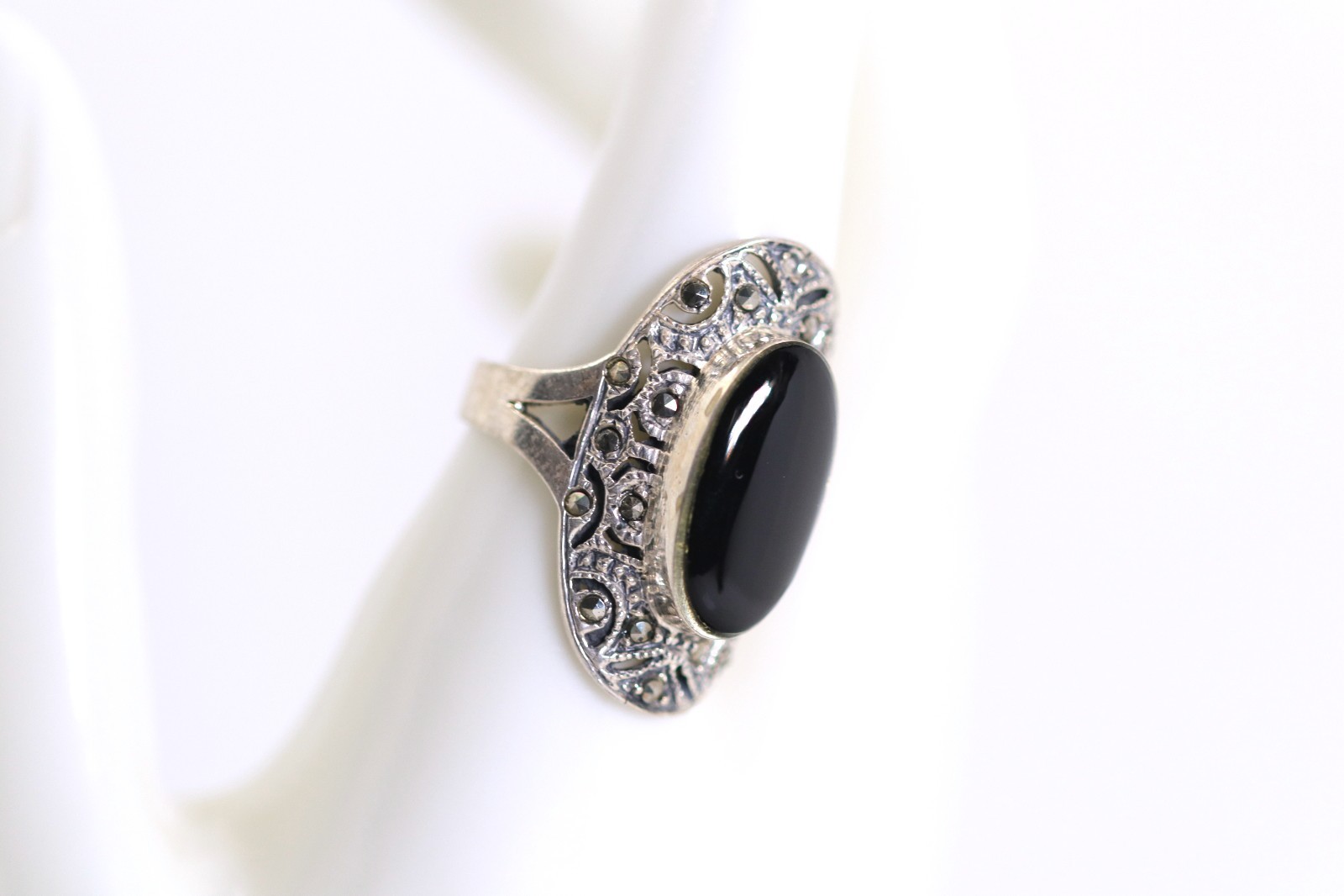 Sterling Silver Art Deco Ring 1915-1935 Onyx & Markasit, Oval, Gr. 57