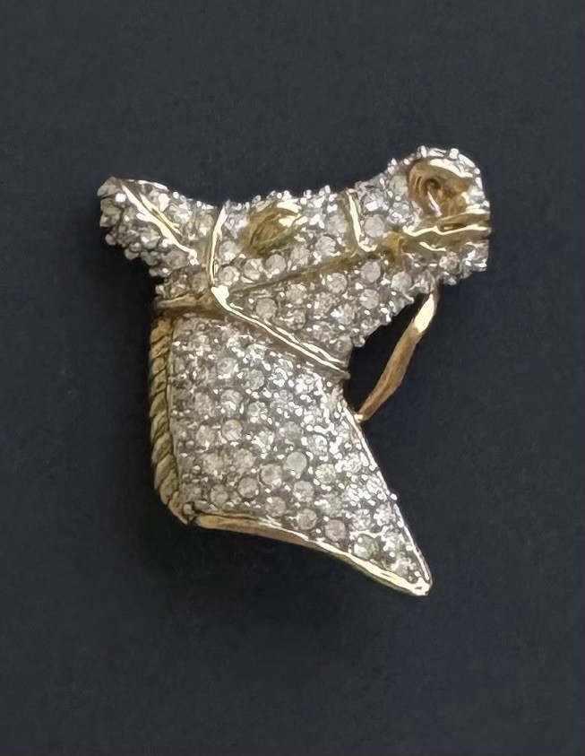 Vintage horse head gold tone metal w/crystals