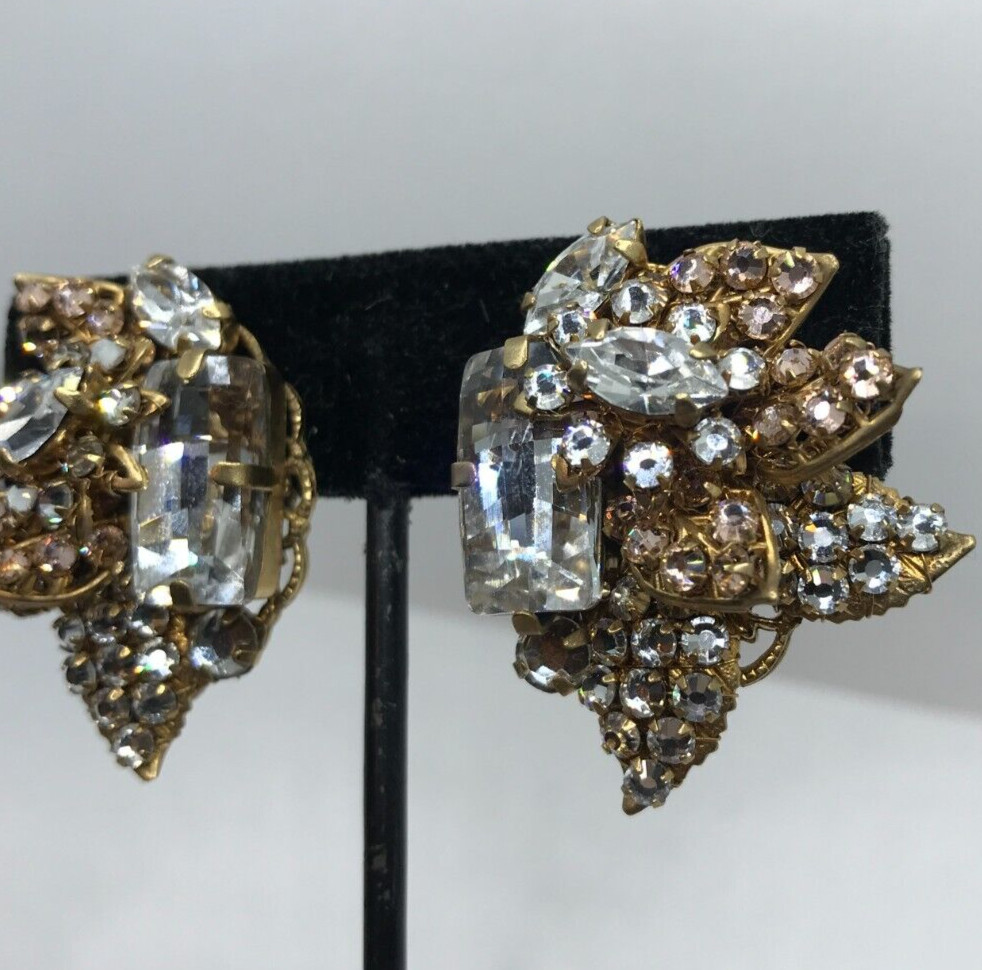 Vintage Rhinestone Clip-On Earrings Gold Tone Unknown Designer Signed