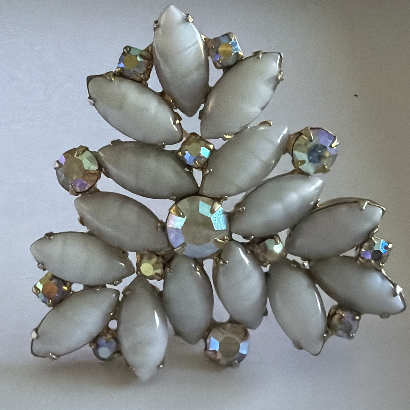 Vtg Rectangle GoldTone Brooch AB Rhinestone White Milk Glass Marquise Stones B30