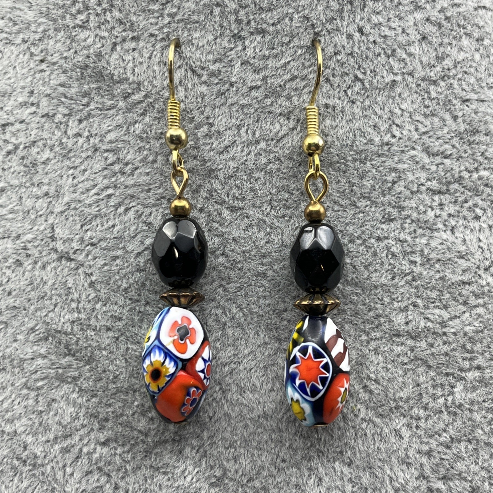 Vintage Venetian Colorful Millefiori Art Glass Beaded Dangle Drop Earrings