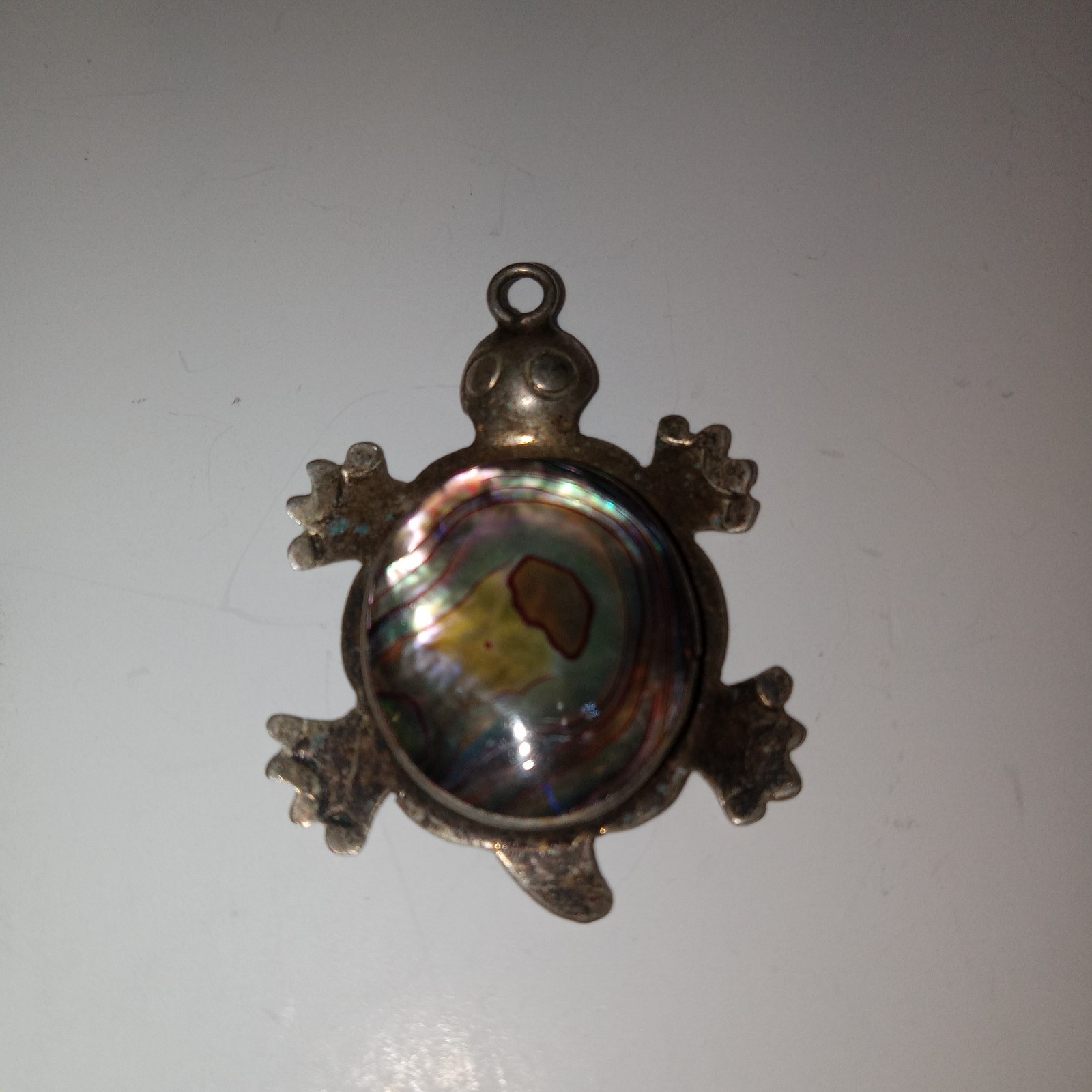Vtg Alpaca Mexico Silver Abalone Turtle Pendant Charm 1″
