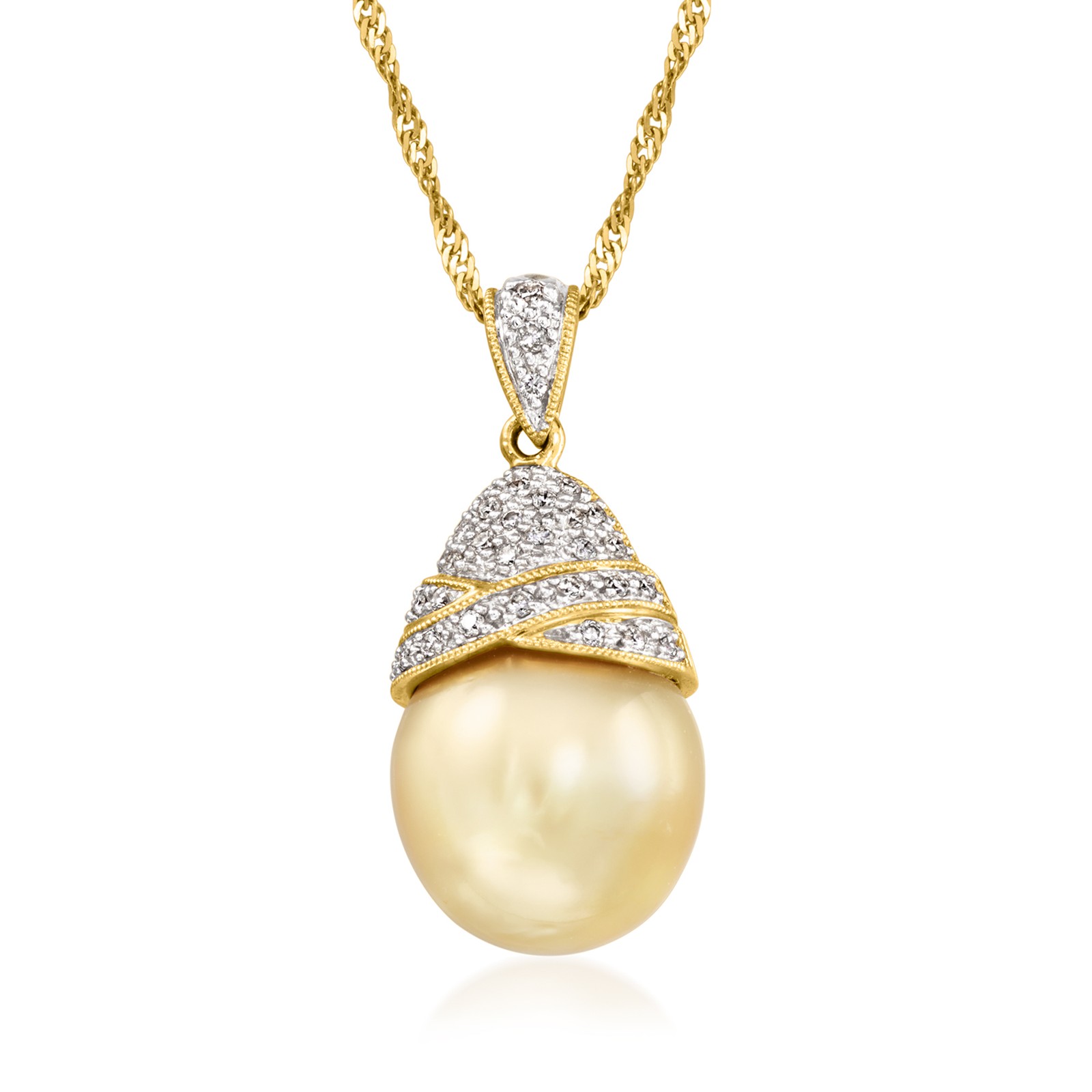 Vint 14×12.5mm Cult Golden Prl Ncklc w Diamonds in 18k Gold 18 inches