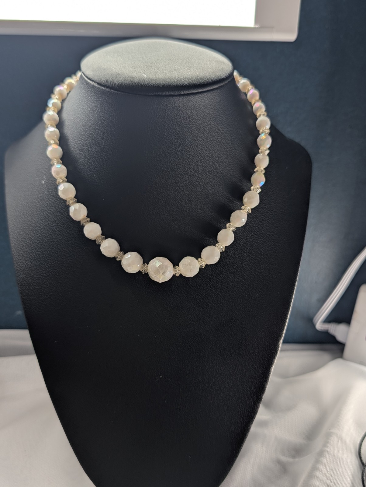 Vintage 1950s Faceted White Glass AB Crystal Bead Choker Necklace Brass Hook