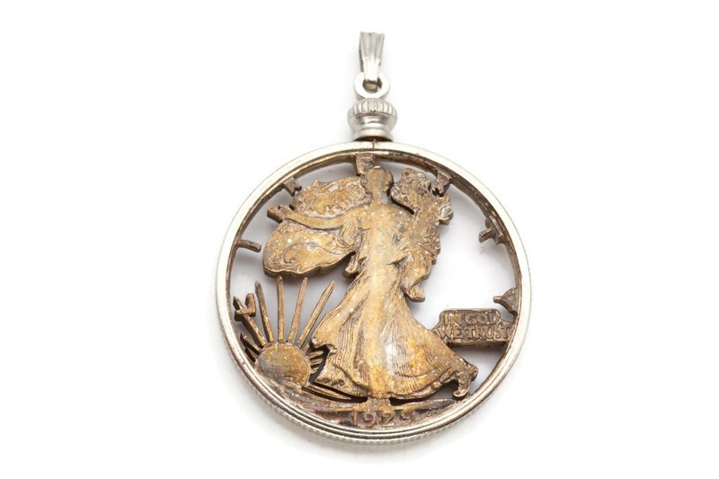 Vintage 1929 Walking Liberty Silver Half Dollar Carved Pendant