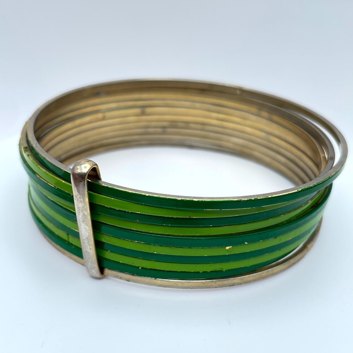 Vintage 90s Gold & Green Retro Classic Fashion Emerald Stacked Bangle Bracelet