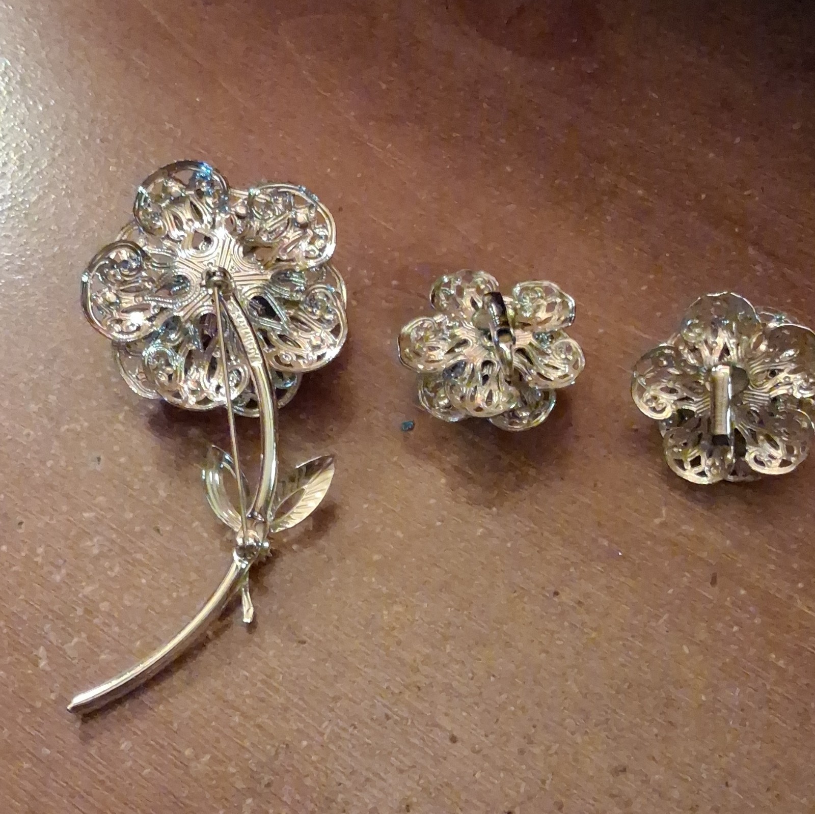Vintage Silver Tone Clear Rhinestone Floral Brooch Pin & Clip Earrings Set