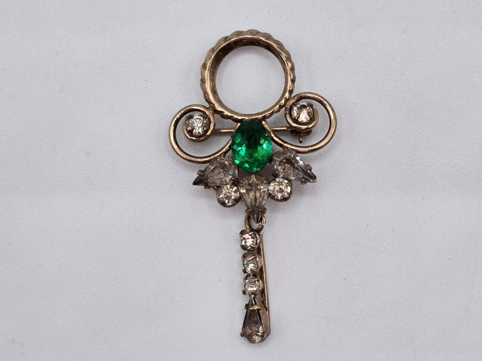 De Curtis Motion Brooch & Screw Back Earrings Gold Filled Green Crystal