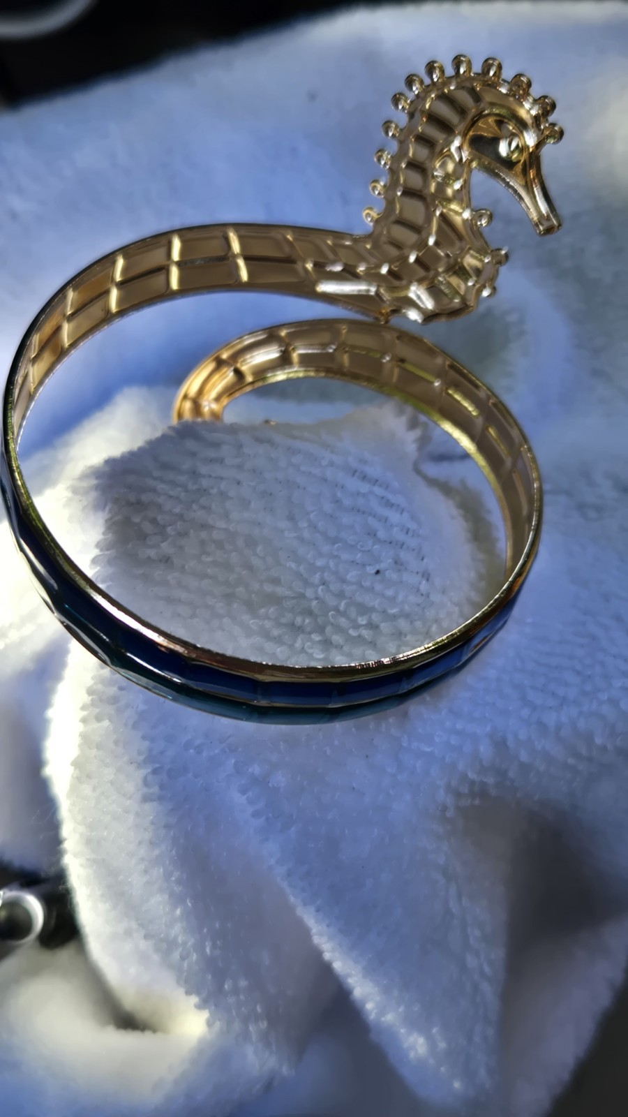 Vintge Seahorse Enamel Wrap Bracelet & Ring Set | Blue Teal Gold Tone.Adjustable