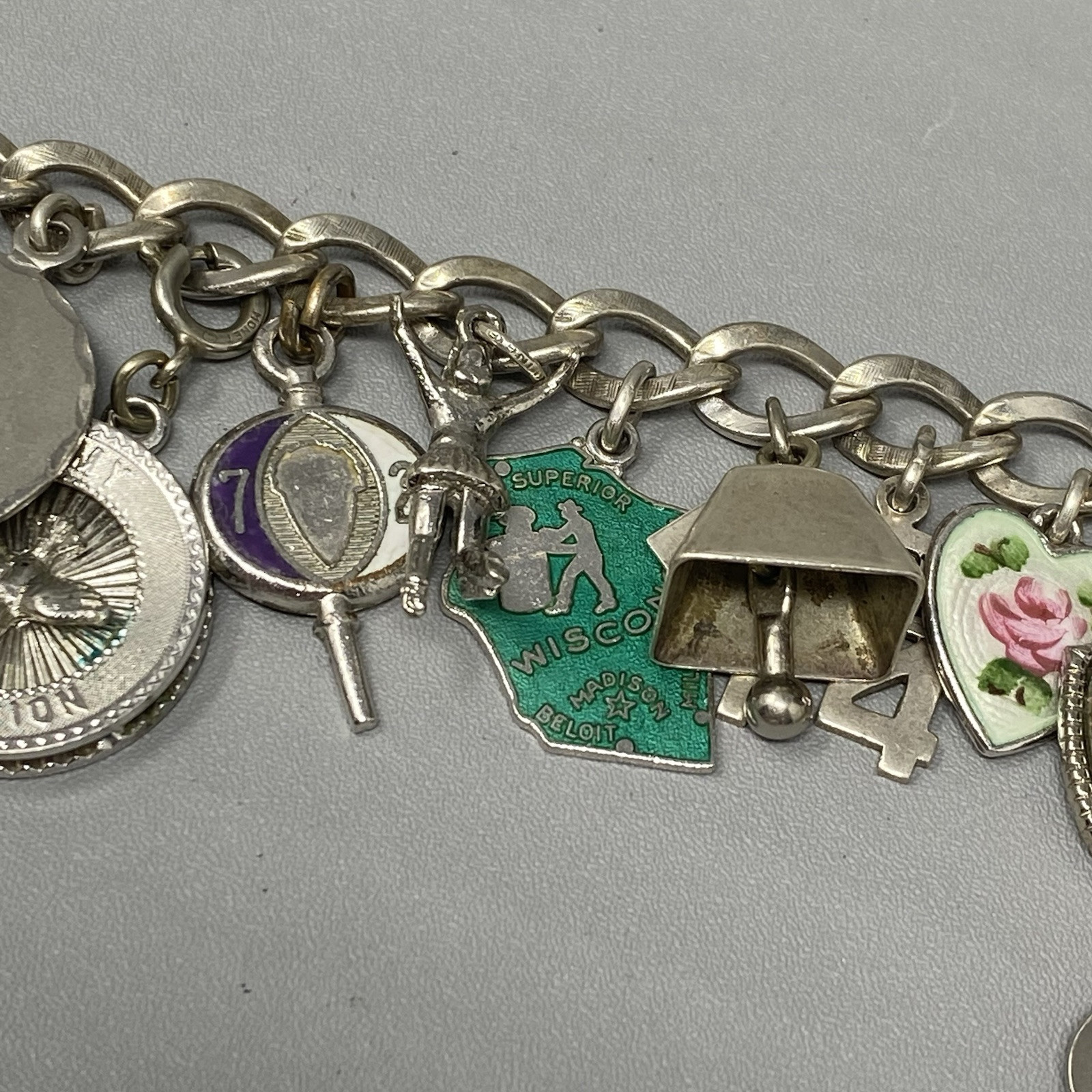 VTG 20 Charm Bracelet Sterling Silver Birthday Natie Cowbell School Hearts 6.5″