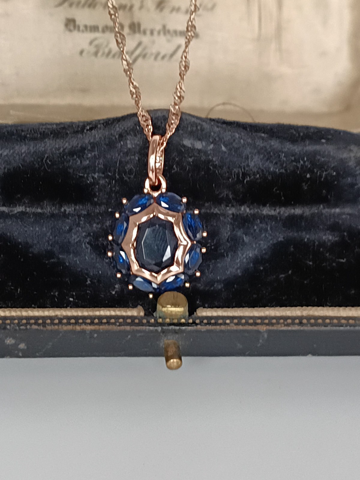 Vintage 1990-s 14 CT Rolled Gold Sapphire Pendant on Chain-Hallmarked 585 RG