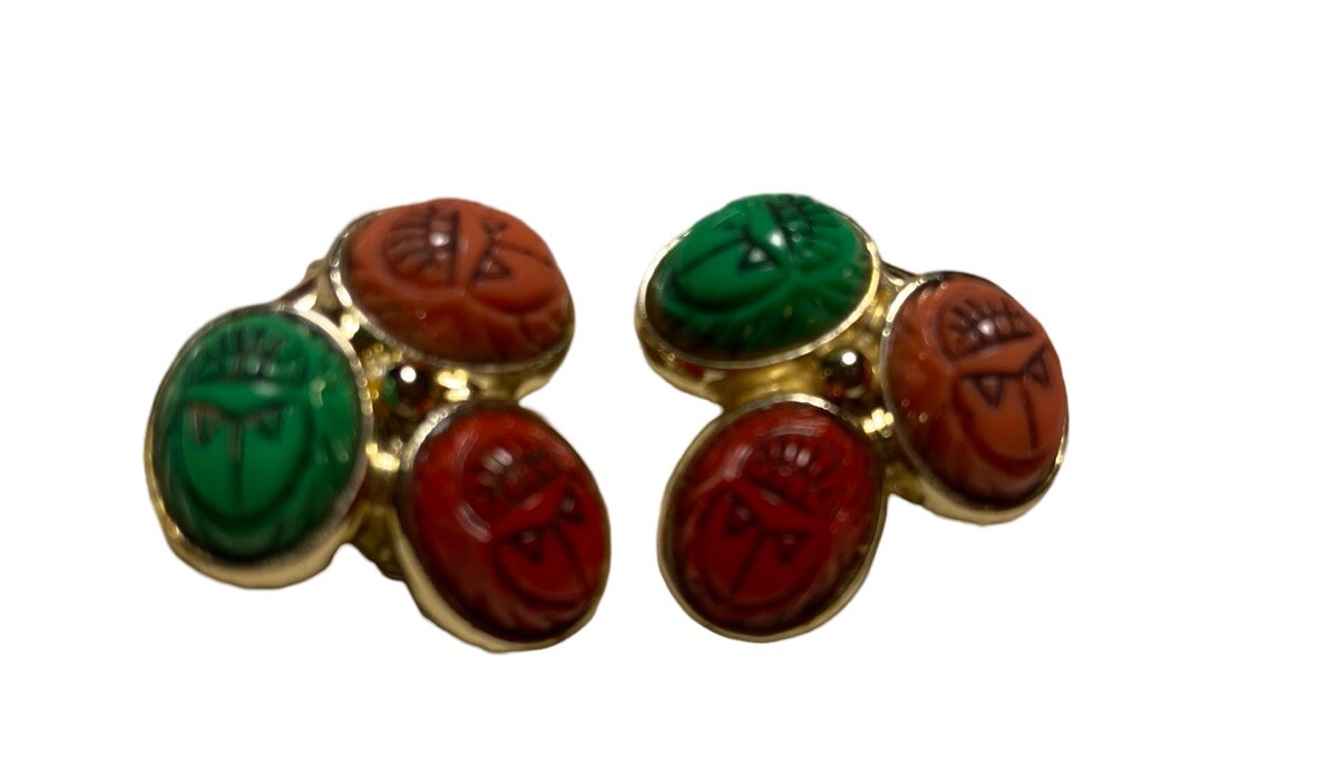 60s Etruscan Scarab Clip On Earrings Multi-color Green Red Salmon Pink Lucite