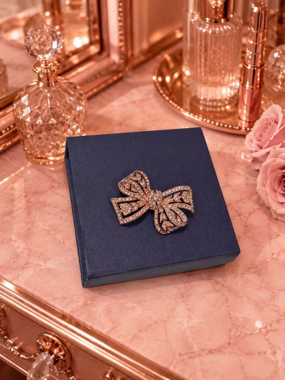 Original Vintage Fine Art Kenneth Jay Lane Signed KJL Rose Gold Pave’ Bow Brooch