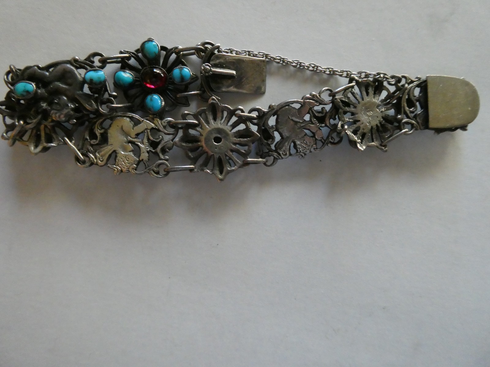 Antique-English Art Nouveau Bracelet with Garnets and Turquoise-Preowned