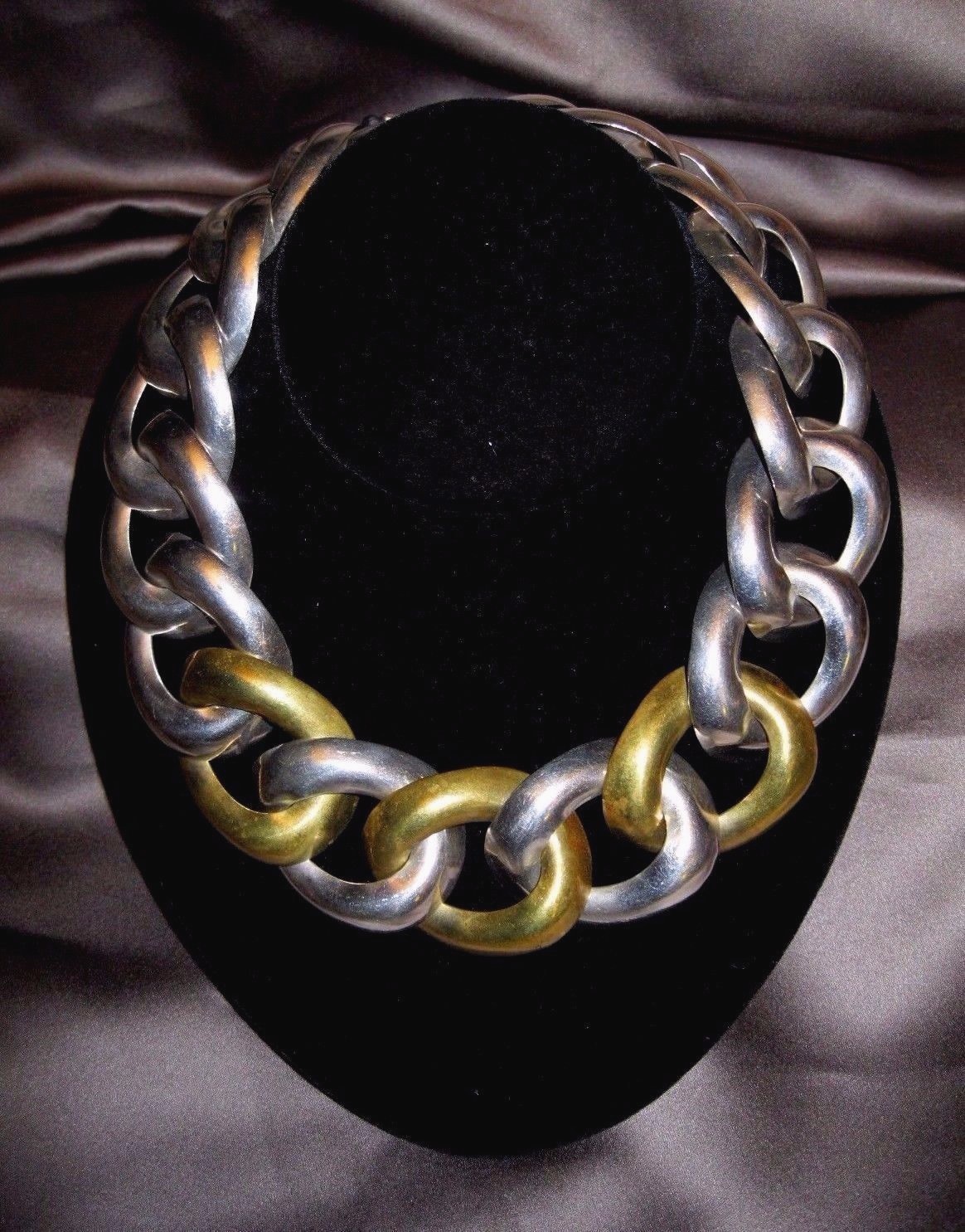 Dramatic Sterling Silver Brass 1.5″ Cuban Curb Link Collar Necklace Taxco TD-39
