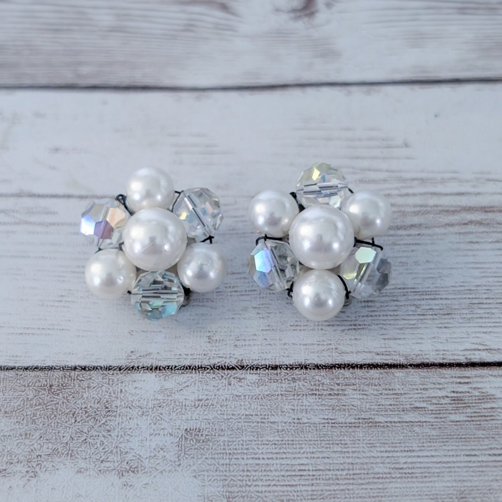 Vintage Clip On Earrings Faux Pearl & Iridescent Cluster Statement