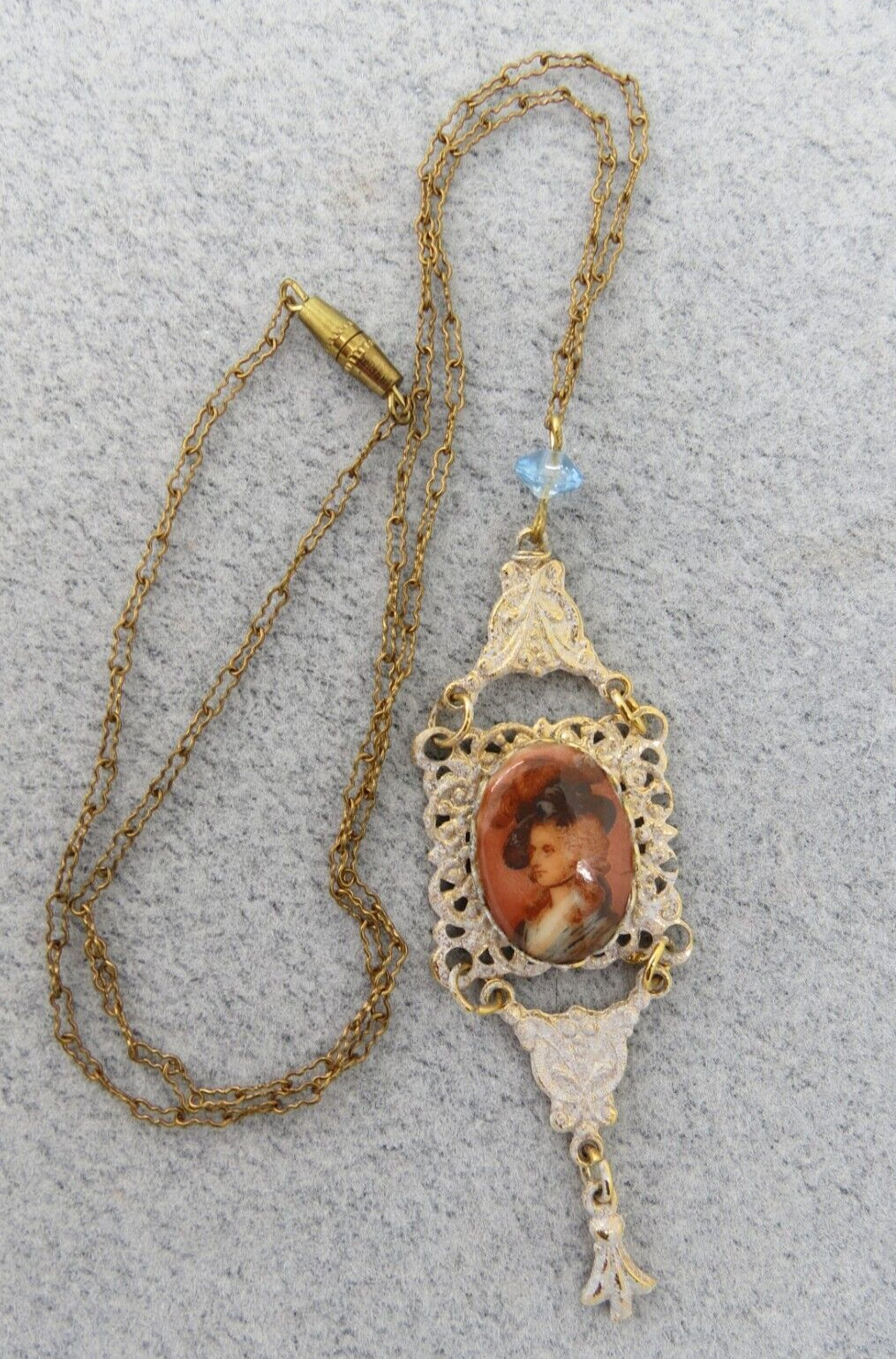 Vintage Cameo Portrait Pendant Hand Painted Transferware Porcelain White Wash