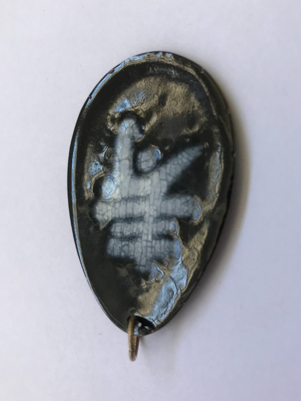 Copper & Rust Fern Leaf Stems on Tan/Green Enamel over Copper Oval MCM Pendant