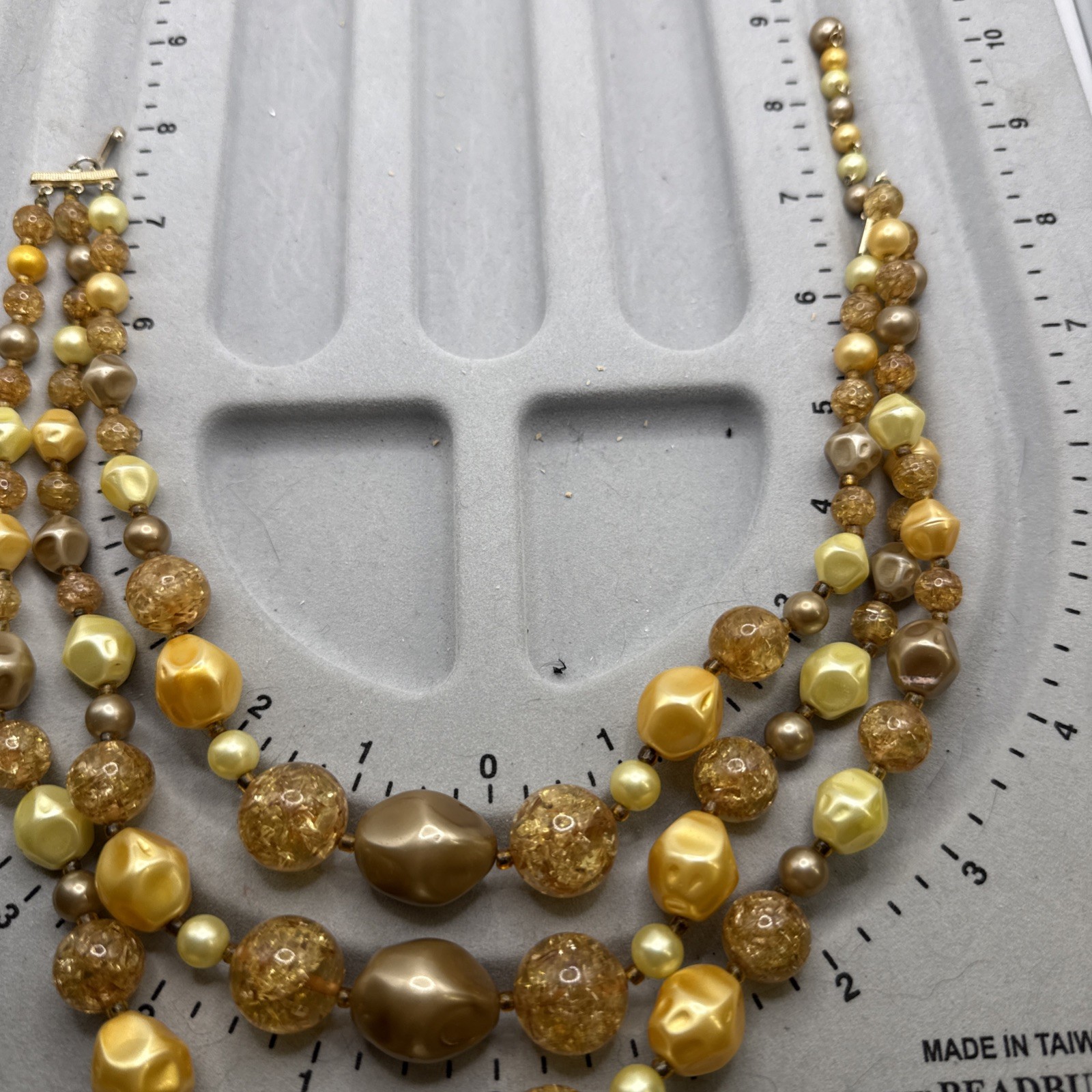 Japan Choker Necklace w/ Faux Pearl Crackled Lucite Gold Tan Yellow