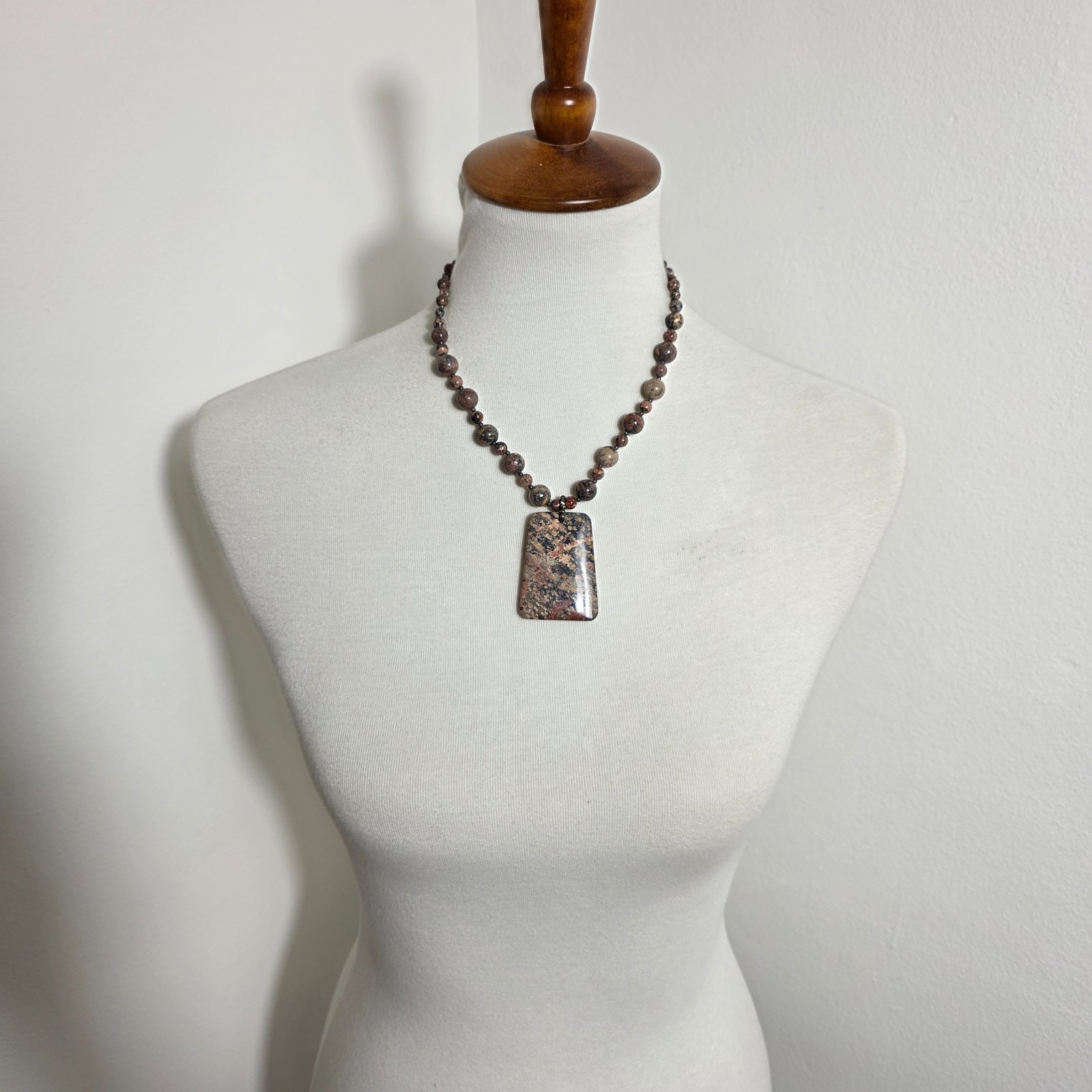 Leopard Skin Jasper Rectangular Slab Pendant Necklace Matching Beaded Chain